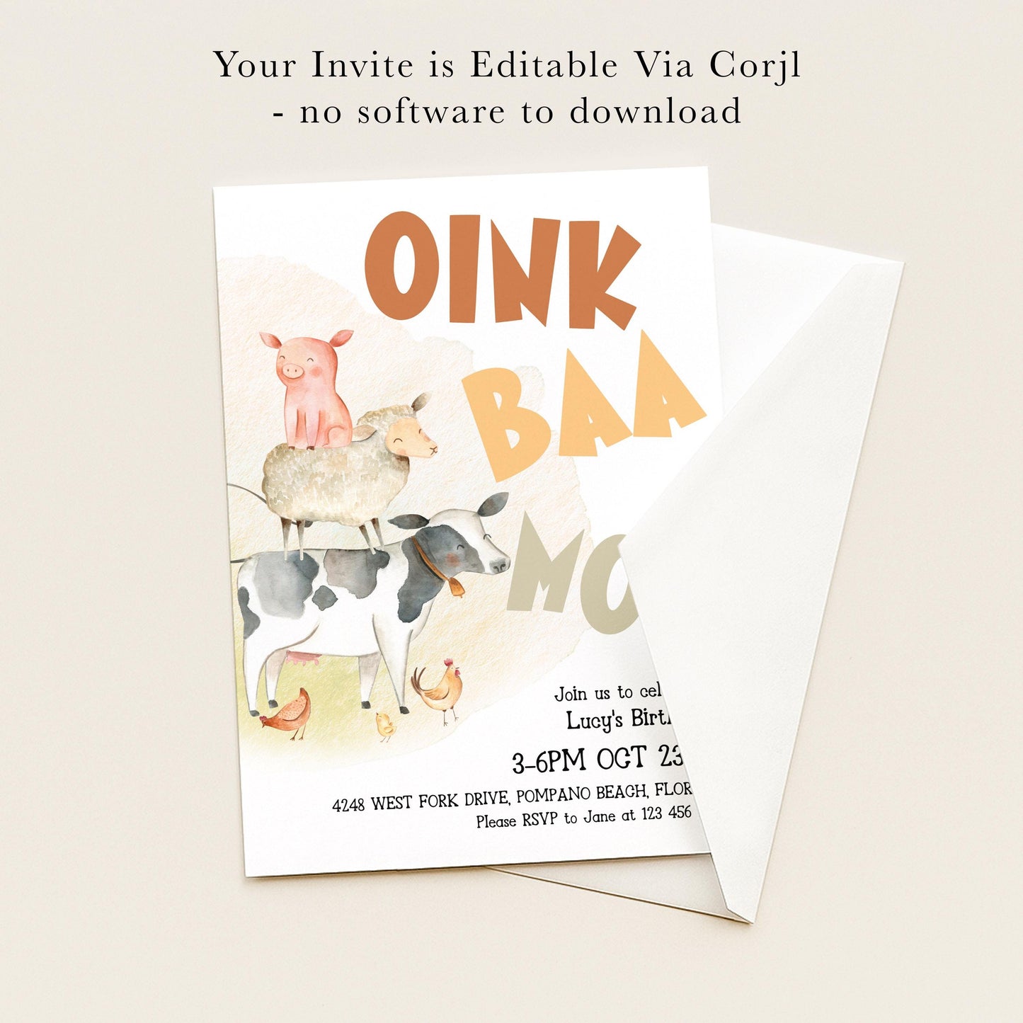 The image is a birthday invitation featuring a cartoon illustration of a pig, cow, and sheep, along with the text "OINK BAAB BAAB" and other details about the event.
