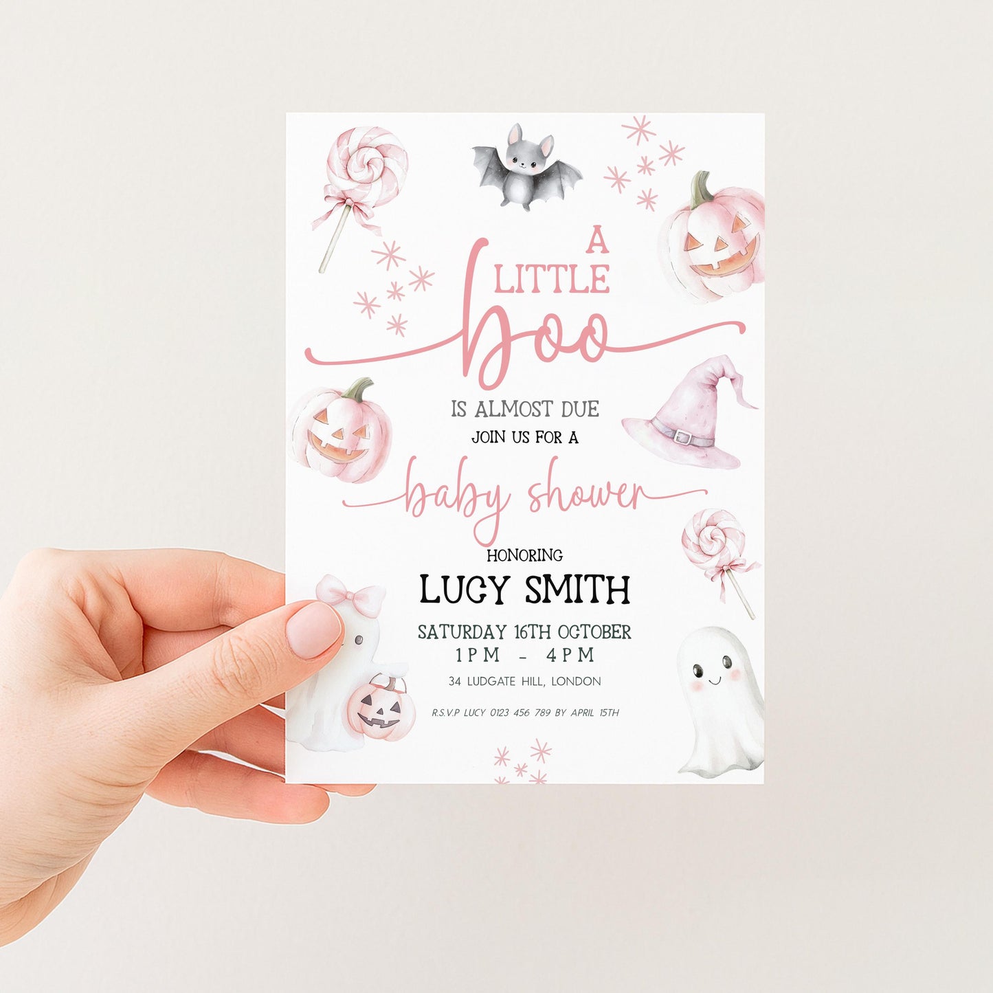 Editable Halloween Baby Shower Invitation – A Little Boo is Almost Due, Pink Ghost Theme, Corjl Template, Cute Spooky Shower Invite BO31