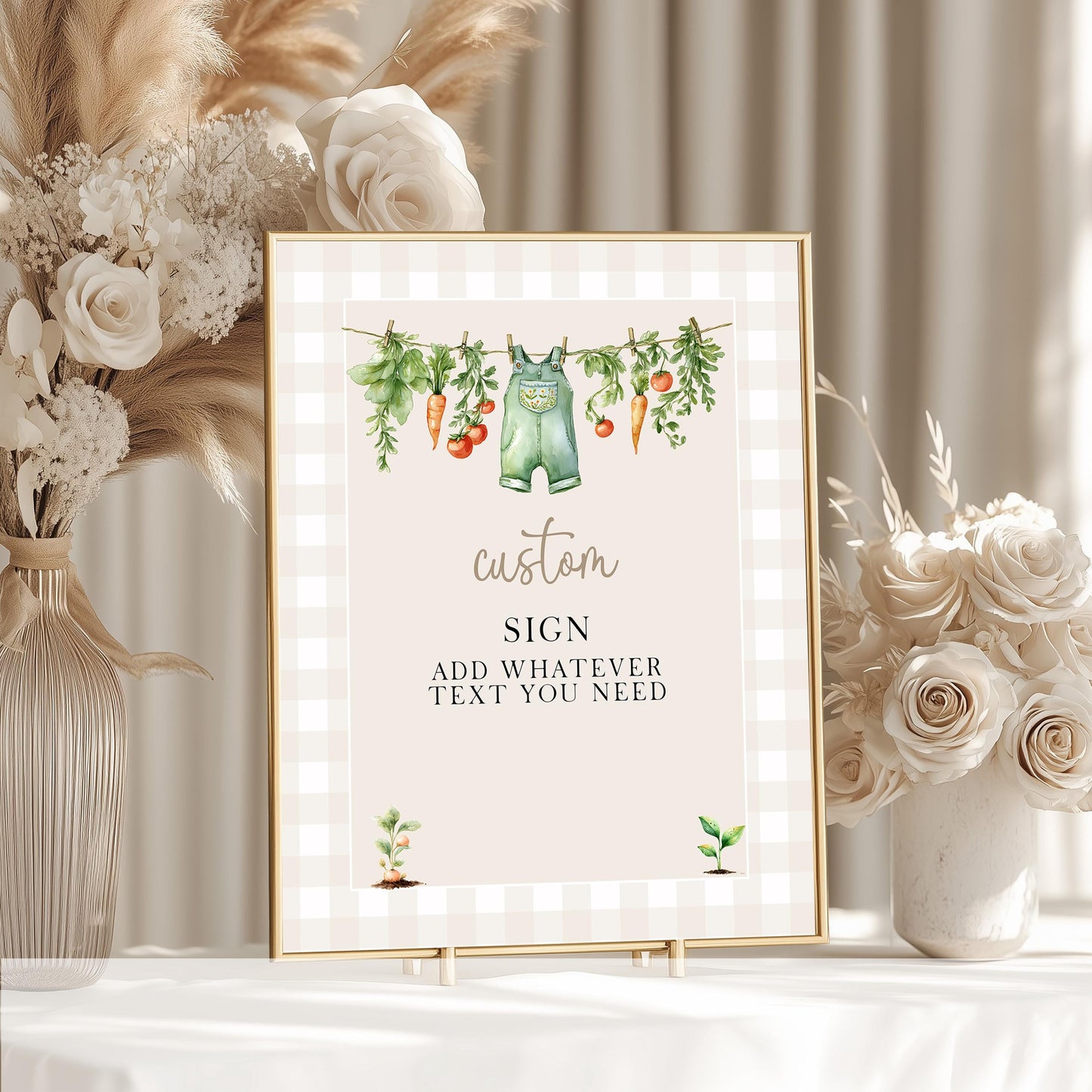 Editable Locally Grown Baby Shower Sign, Custom Farm Theme Sign with Overalls and Veggies, Gingham Printable Party Sign Corjl Template LG20