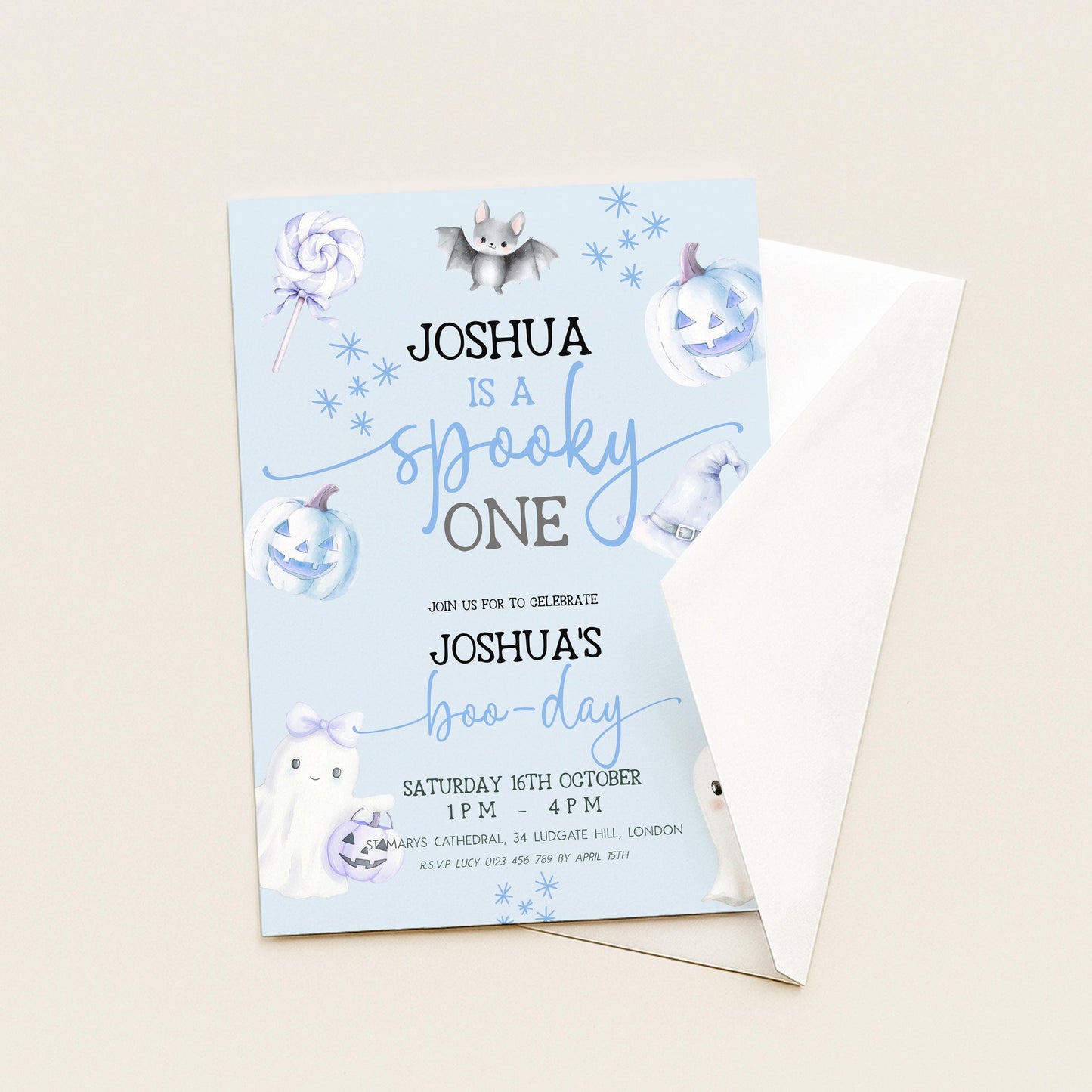 Editable Spooky One Birthday Invitation, Blue Halloween 1st Birthday Invite with Ghost and Pumpkin, Printable Corjl Template BO31