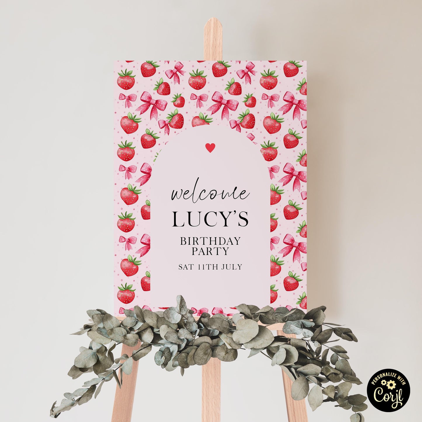 Editable Strawberry Birthday Welcome Sign Printable, Pink Strawberry Party Decor, Corjl Template, Digital Download, 1st Birthday Sign ST17