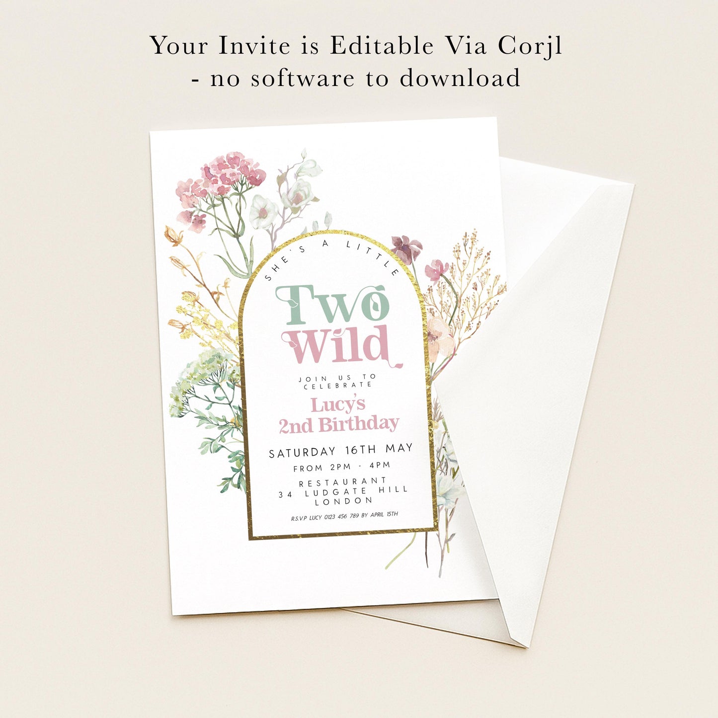The image is a birthday invitation for a girl named Lucy's 2nd birthday. It is a floral-themed invitation with a gold border and text that reads "Your Invite is Editable Via Corjl - no software to download".