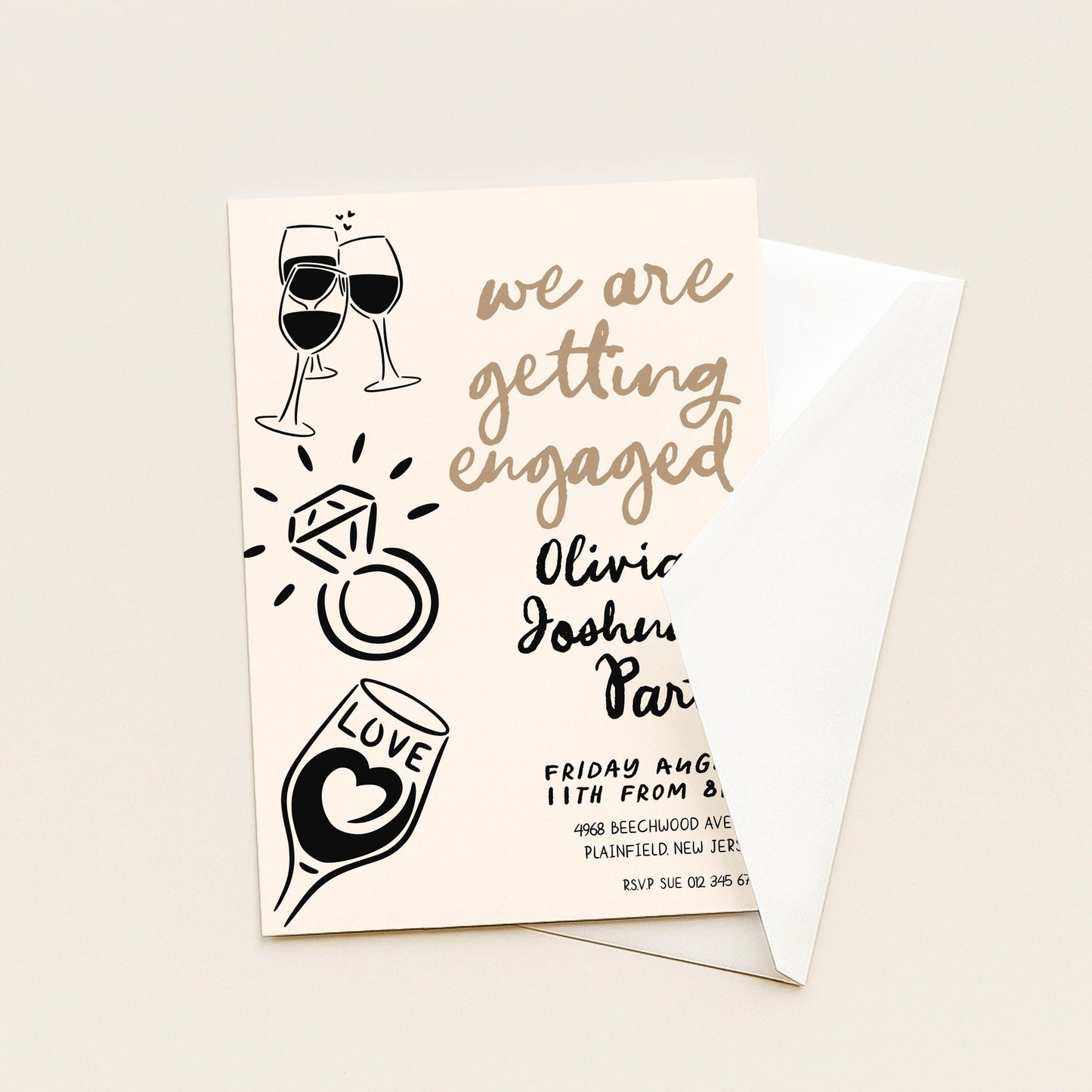The image is a wedding invitation card with various decorative elements such as wine glasses, a ring, and the word "love".
