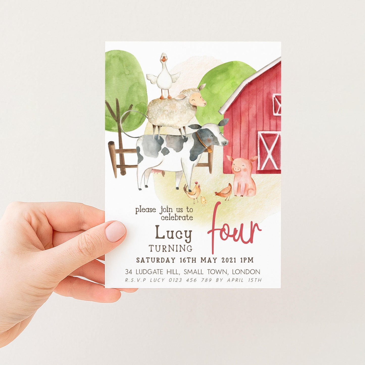 Farmyard 4th Birthday Invitation, Red Barn Party Invite, Editable Template for Girls, Cute Farm Animals Birthday Printable Corjl Invite FM56