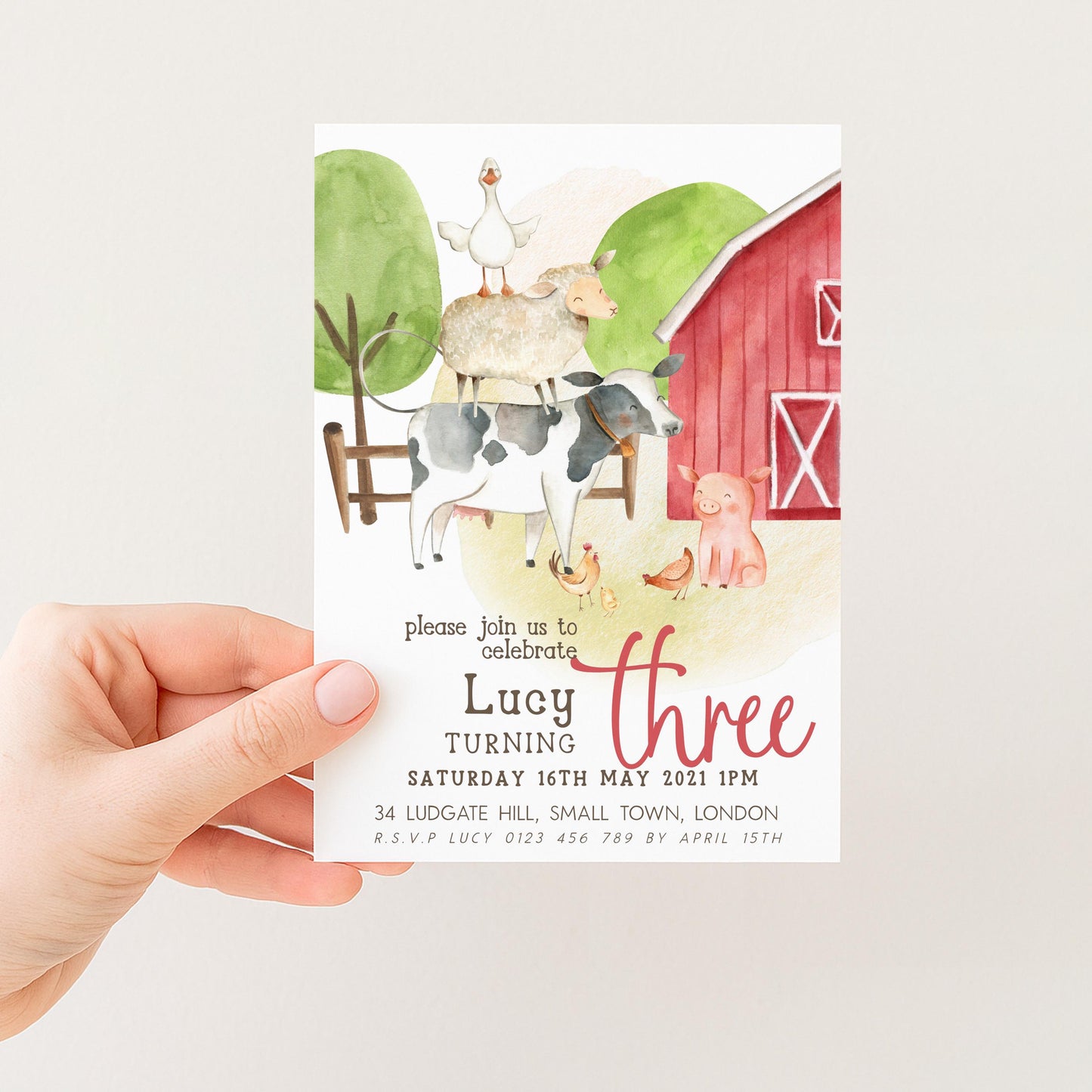 Farmyard Birthday Invitation, 3rd Birthday Girl Invite, Editable Corjl Template, Red Barn Farm Animals Party, Printable Birthday Invite FM56