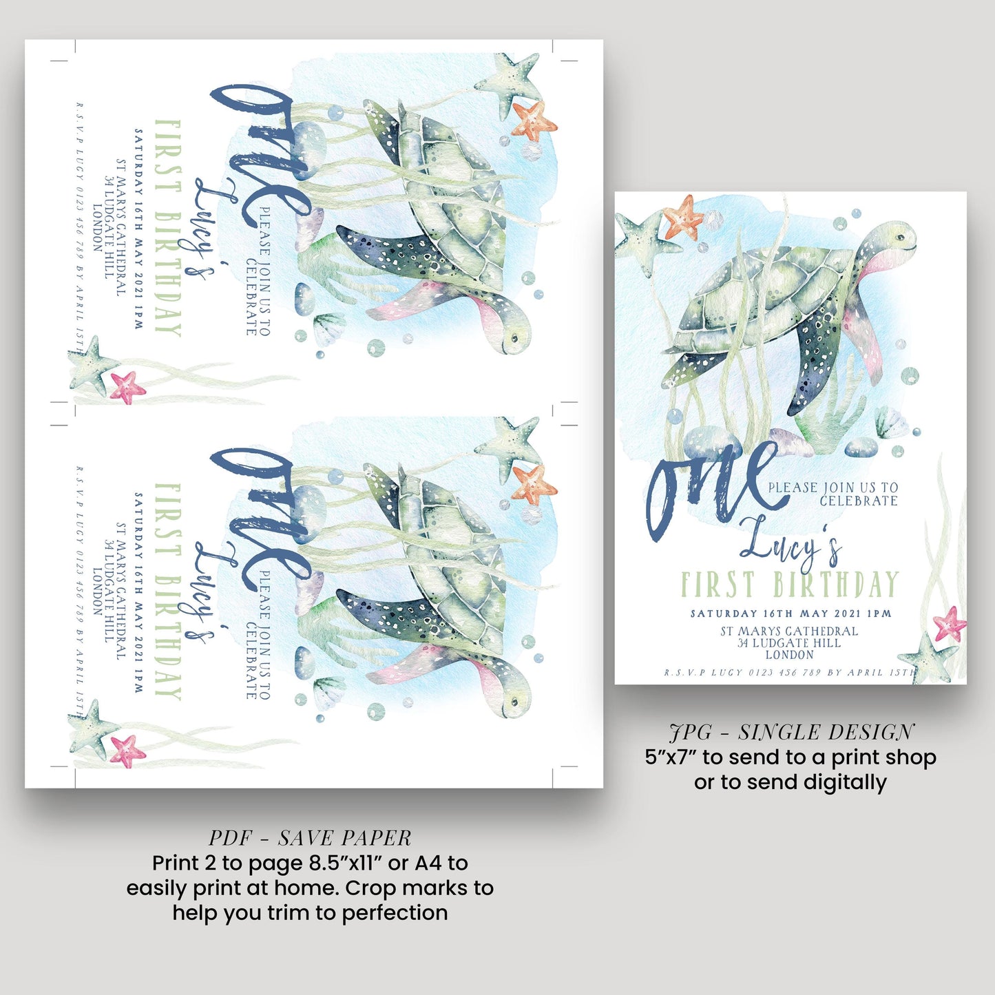 First Birthday Invitation Turtle Sea Life Invite Printable Instant Download Editable digital File Invitation Corjl Template