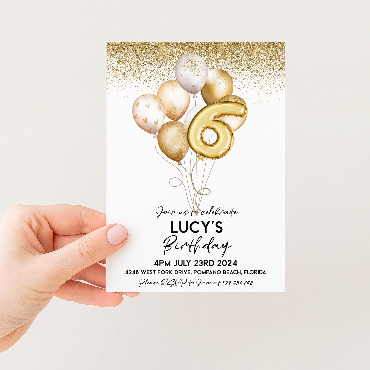 Gold 6th Birthday Invitation Balloon Editable Printable Invite Gold Glitter Instant Download Editable Template Corjl