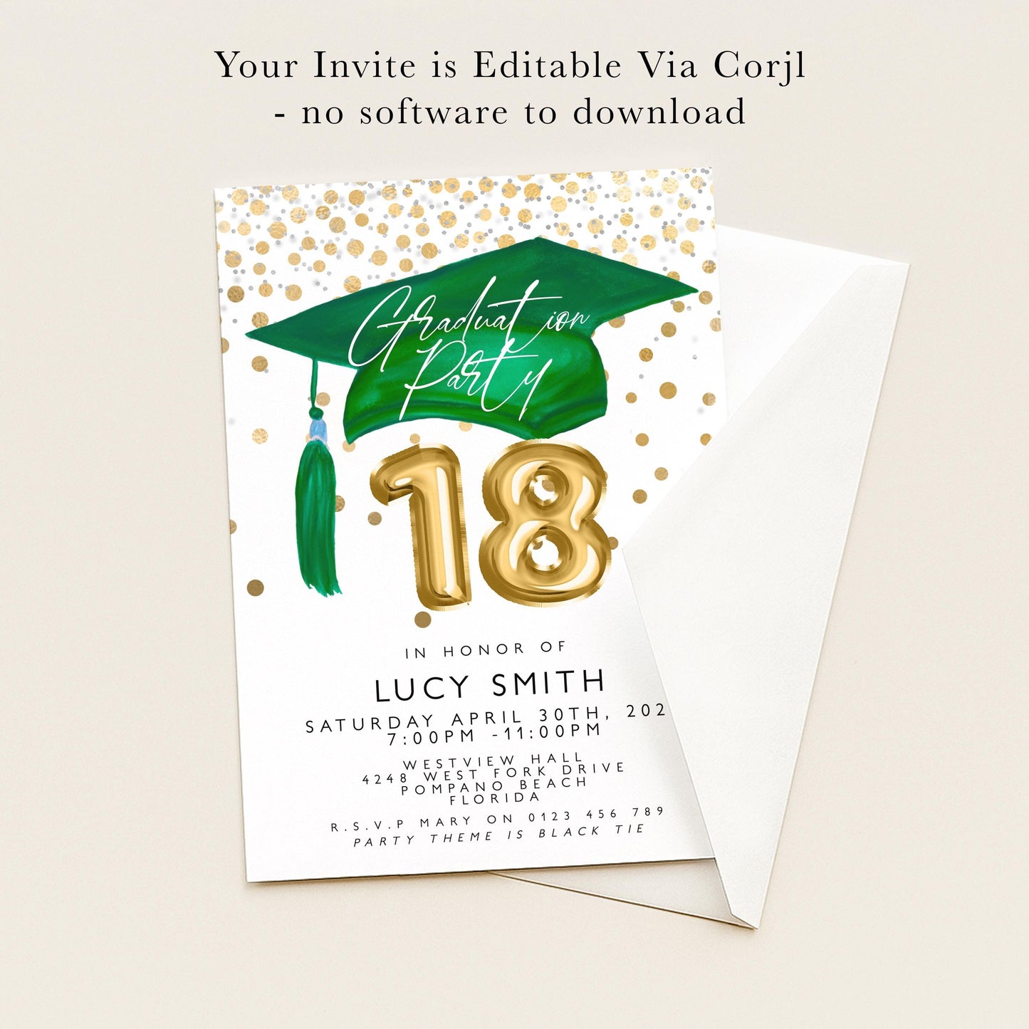 The image is a graduation party invitation featuring a green graduation cap with gold foil numbers, a green tassel, and text indicating the event is in honor of Lucy Smith.