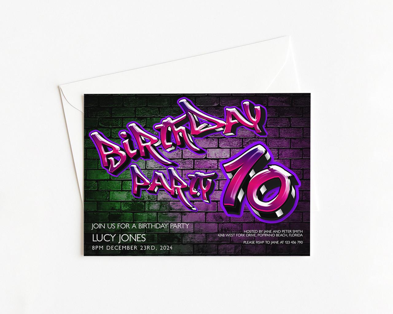 Birthday party invitation with graffiti-style text and a brick wall background.