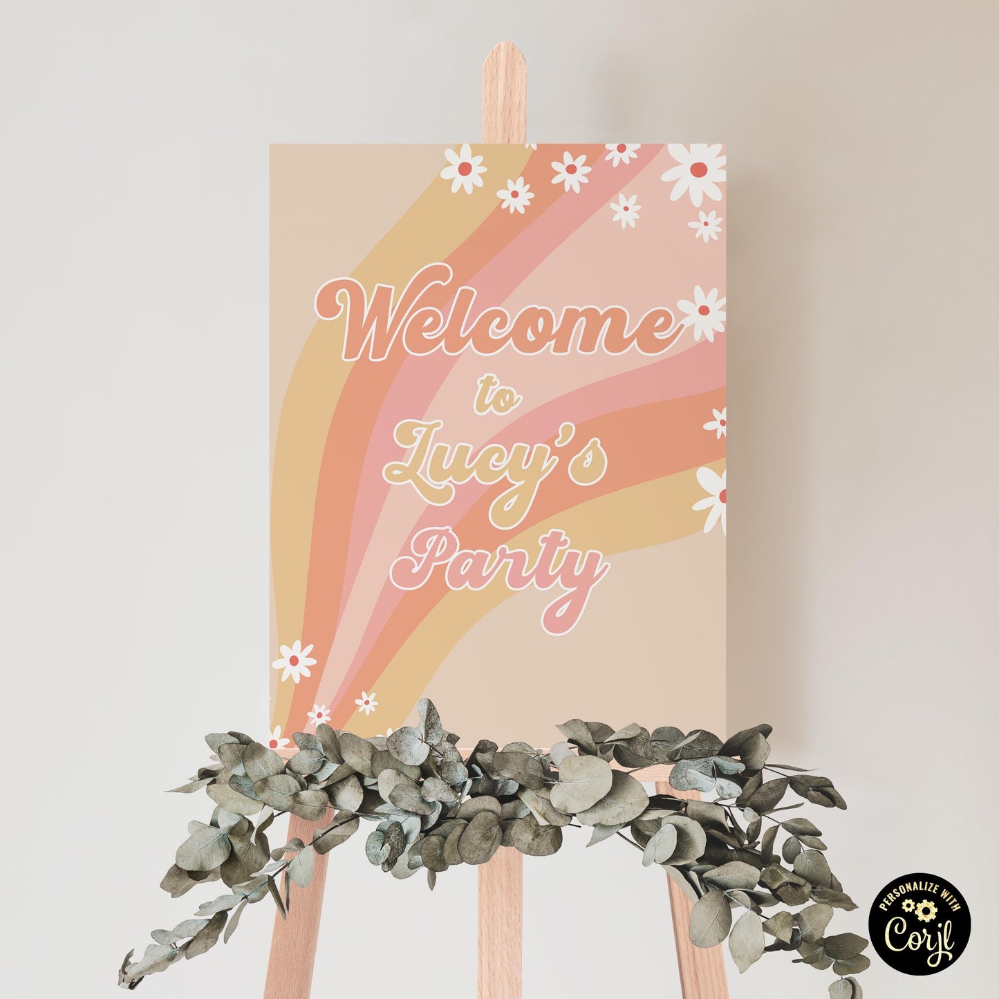 Groovy Party Welcome Sign Editable with Corjl | Retro Daisy Birthday Sign | 70s Style Printable Decor for Kids or Baby Shower GR78