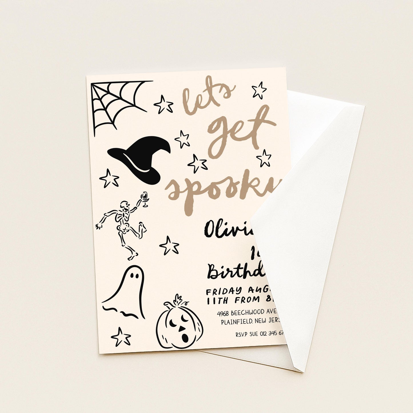 The image is a Halloween-themed invitation card with various spooky and festive elements, such as a spider web, stars, a witch's hat, a skeleton, a ghost, and a pumpkin. The text on the card reads "Let's get spooky" and includes details about an event, such as the date, time, location, and RSVP information.