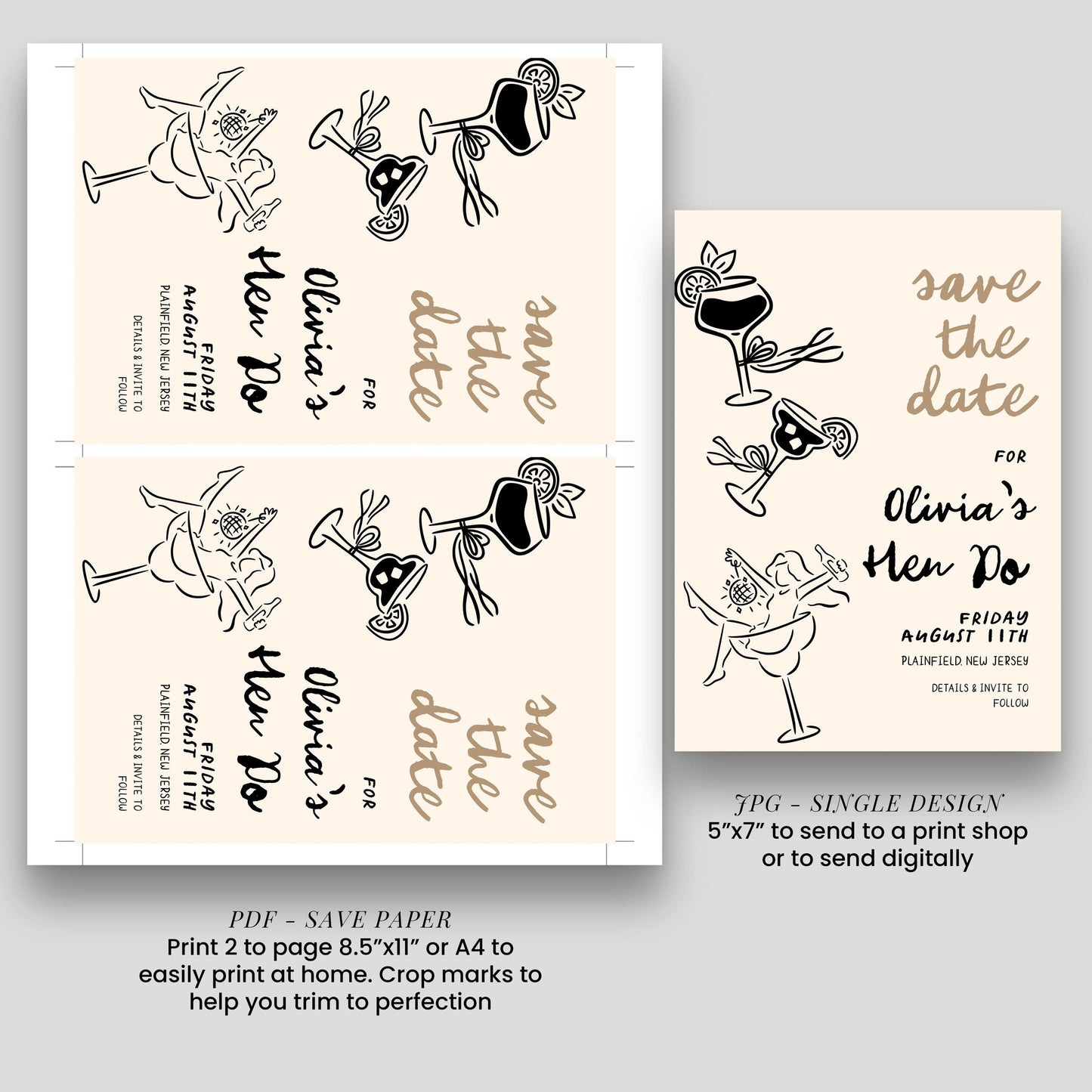 Hen Do Save the Date Invitation Cocktail Theme, Bachelorette Party Invite, Girls Night Out, Editable Template
