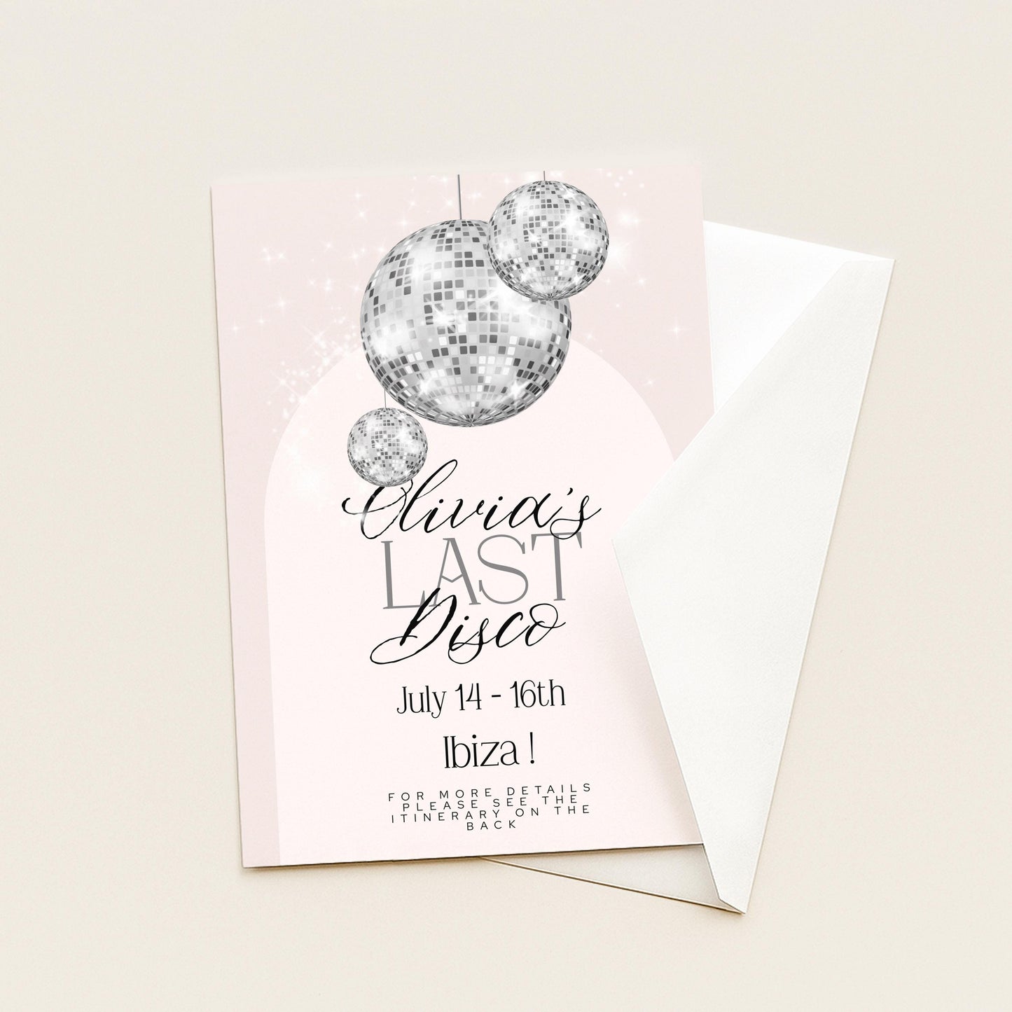 Last Disco Bachelorette Invitation with Itinerary Template Editable Hen Party Weekend Invite Pink Disco Ball Ibiza Theme Digital Download