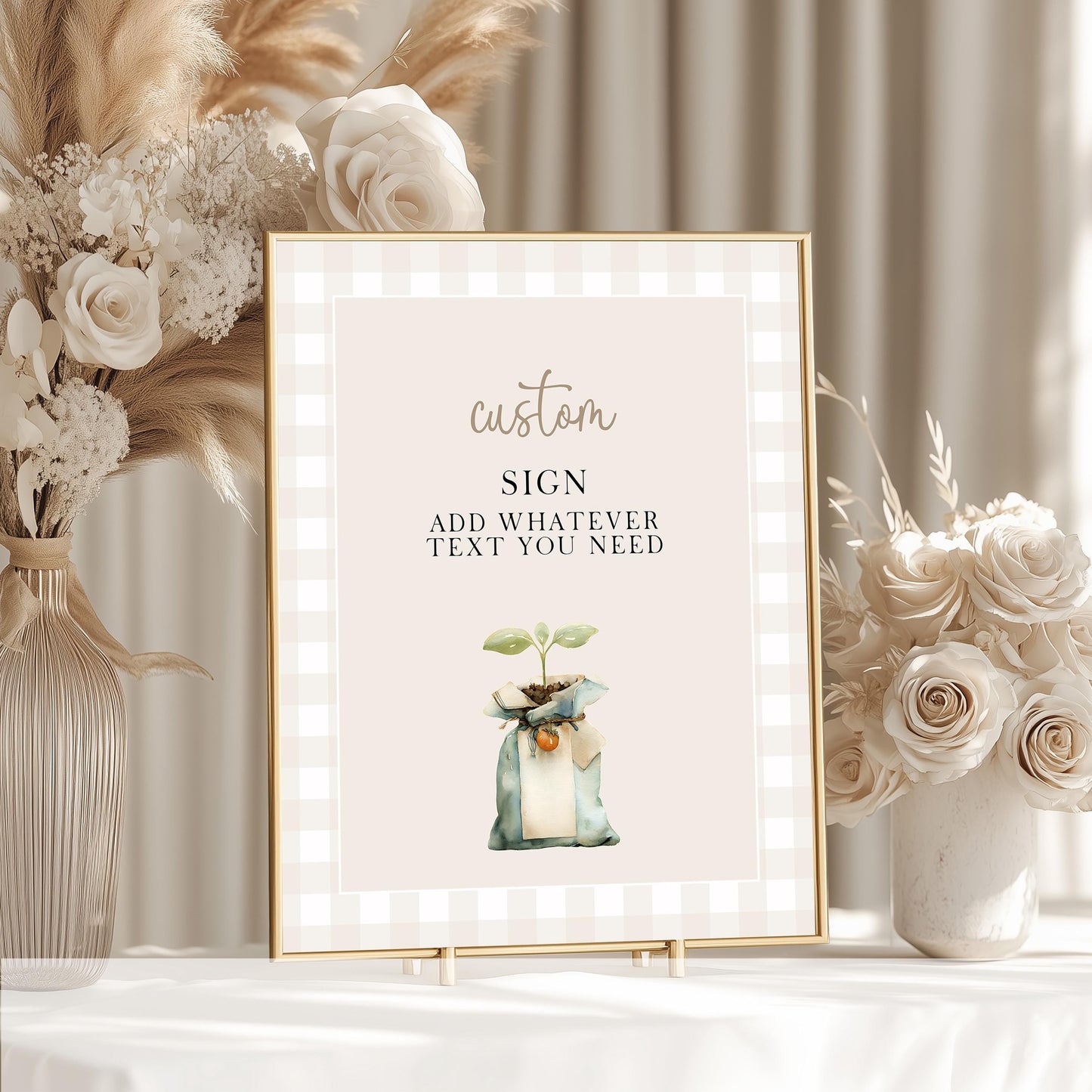 Editable Locally Grown Baby Shower Sign, Custom Greenery Farm Baby Theme, Printable Sign Template, Neutral Gingham Farm Decor Corjl LG20