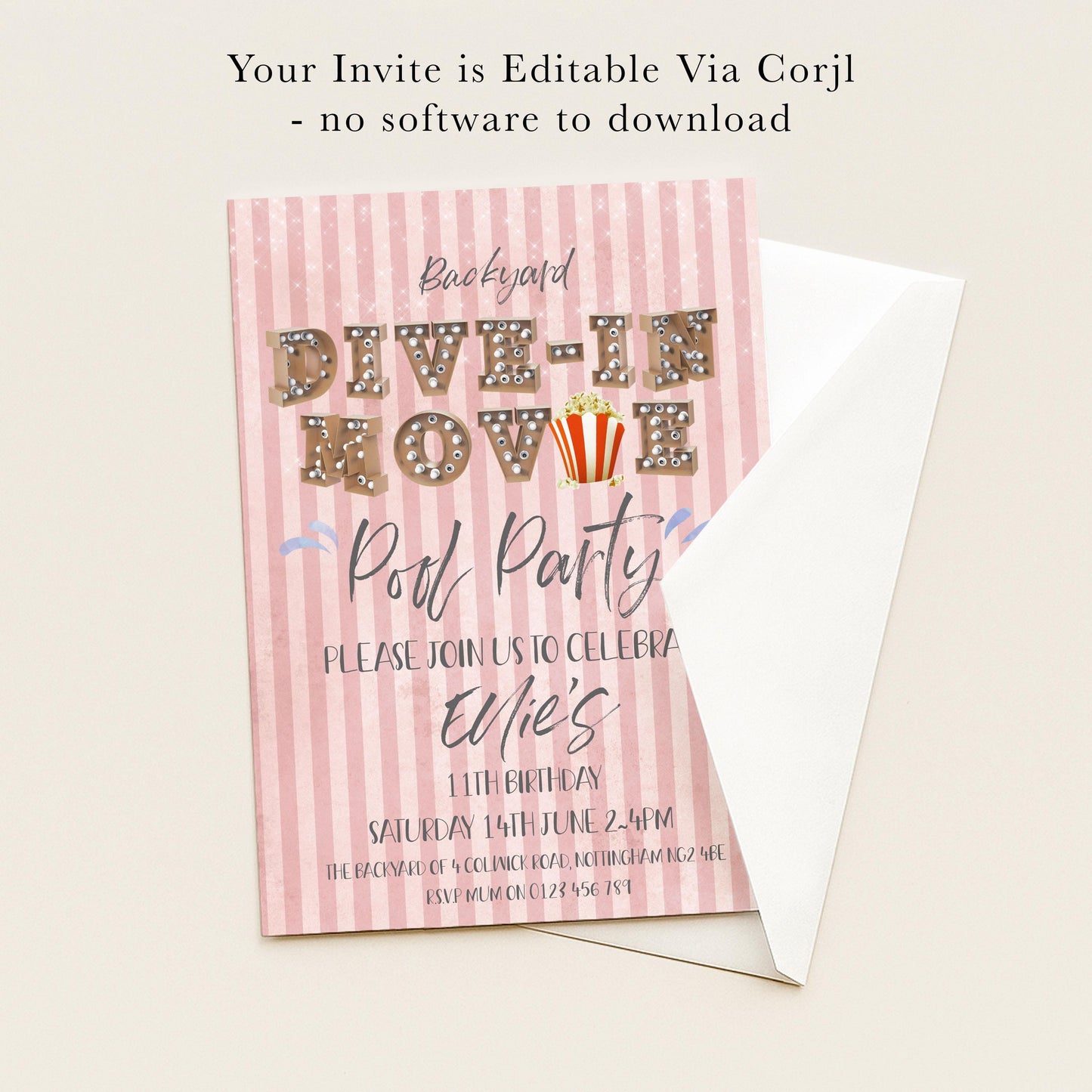 The image is a pink invitation card for a "Dive-in Movie" party.