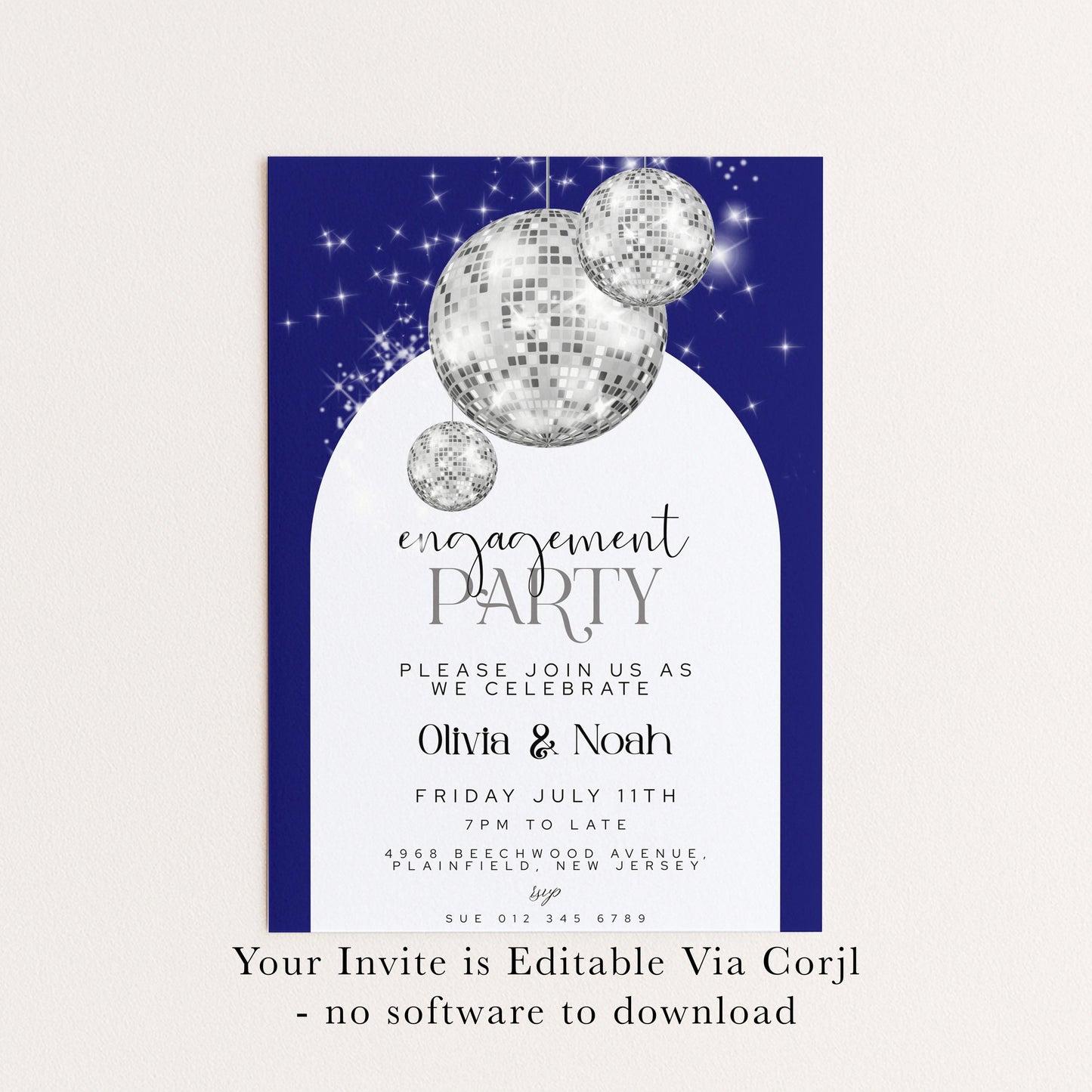 Editable Navy Blue Engagement Party Invitation Disco Ball Theme Modern Corjl Template Instant Download Printable Invite Glam Sparkle Design