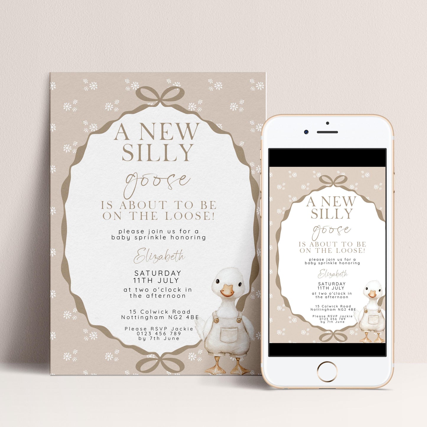 Neutral Goose Baby Sprinkle Invitation, Editable Baby Shower Template , Corjl Instant Download SG21
