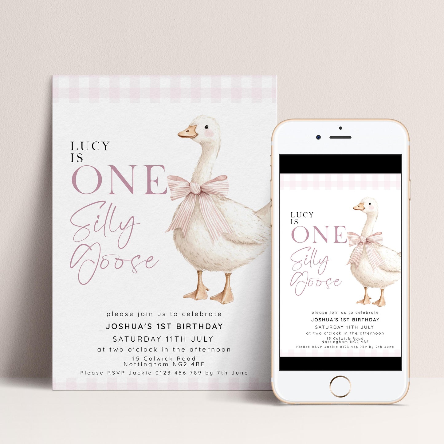 One Silly Goose Birthday Invitation Girl Pink Gingham, Editable Corjl Template, Silly Goose 1st Birthday Invite, Digital Download SG21