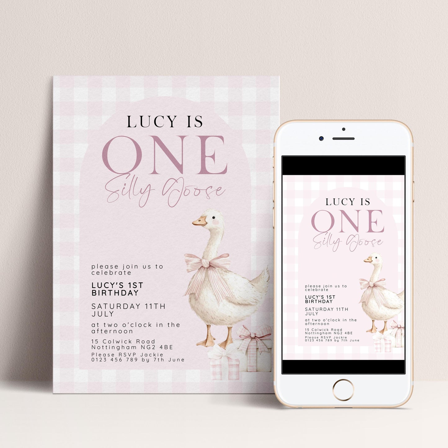 One Silly Goose Birthday Invitation, Pink Gingham Silly Little Goose Invitation, Classic Baby Birthday Goose Invite, Digital Download SG21