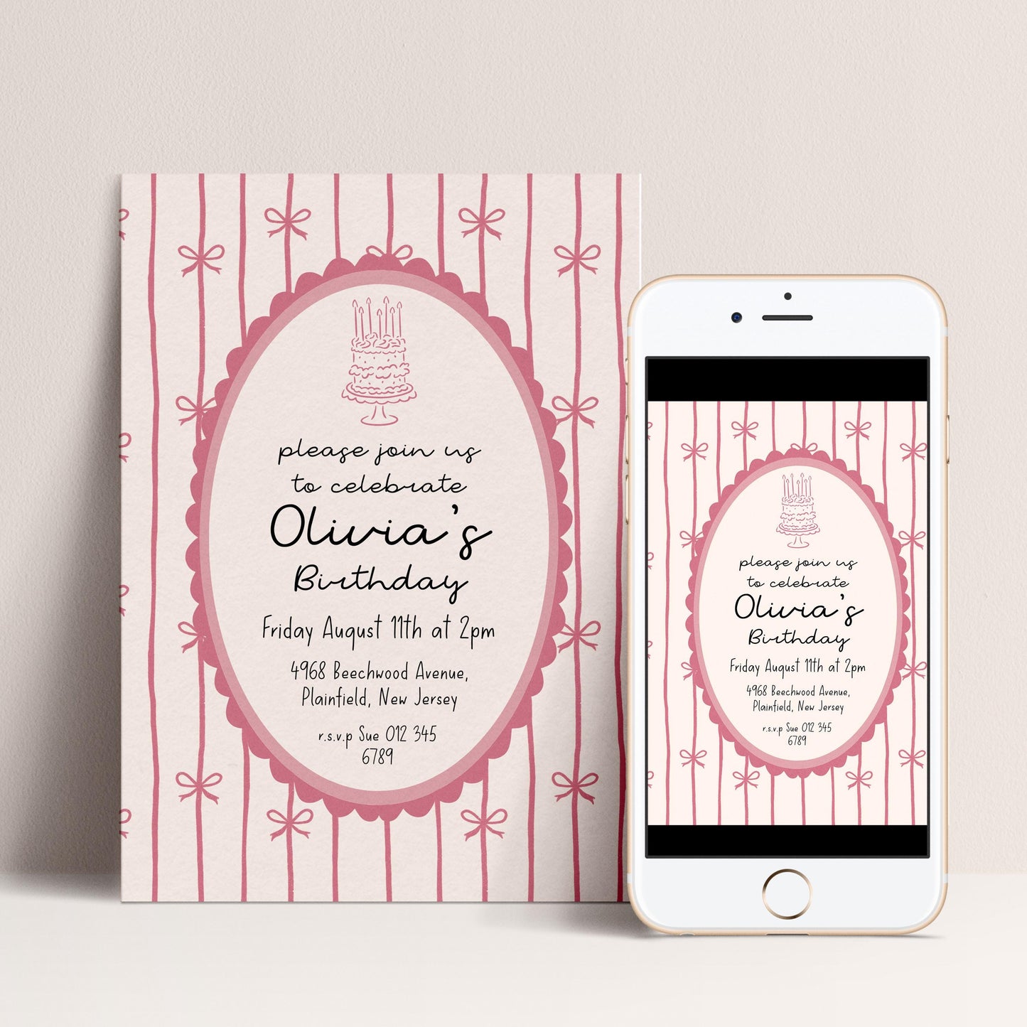 Pink Bow Birthday Invitation, Coquette Birthday Party Invite, Pink Ribbon Birthday Invitation, Elegant Girls Party Printable Template