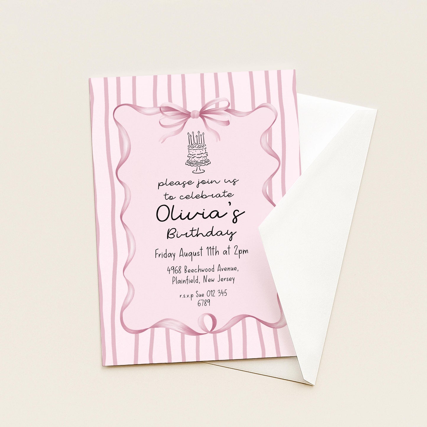 Editable Pink Bow Birthday Invitation, Coquette Birthday Party Invite, Pink Stripe Birthday Invite, Elegant Girls Party Printable Template