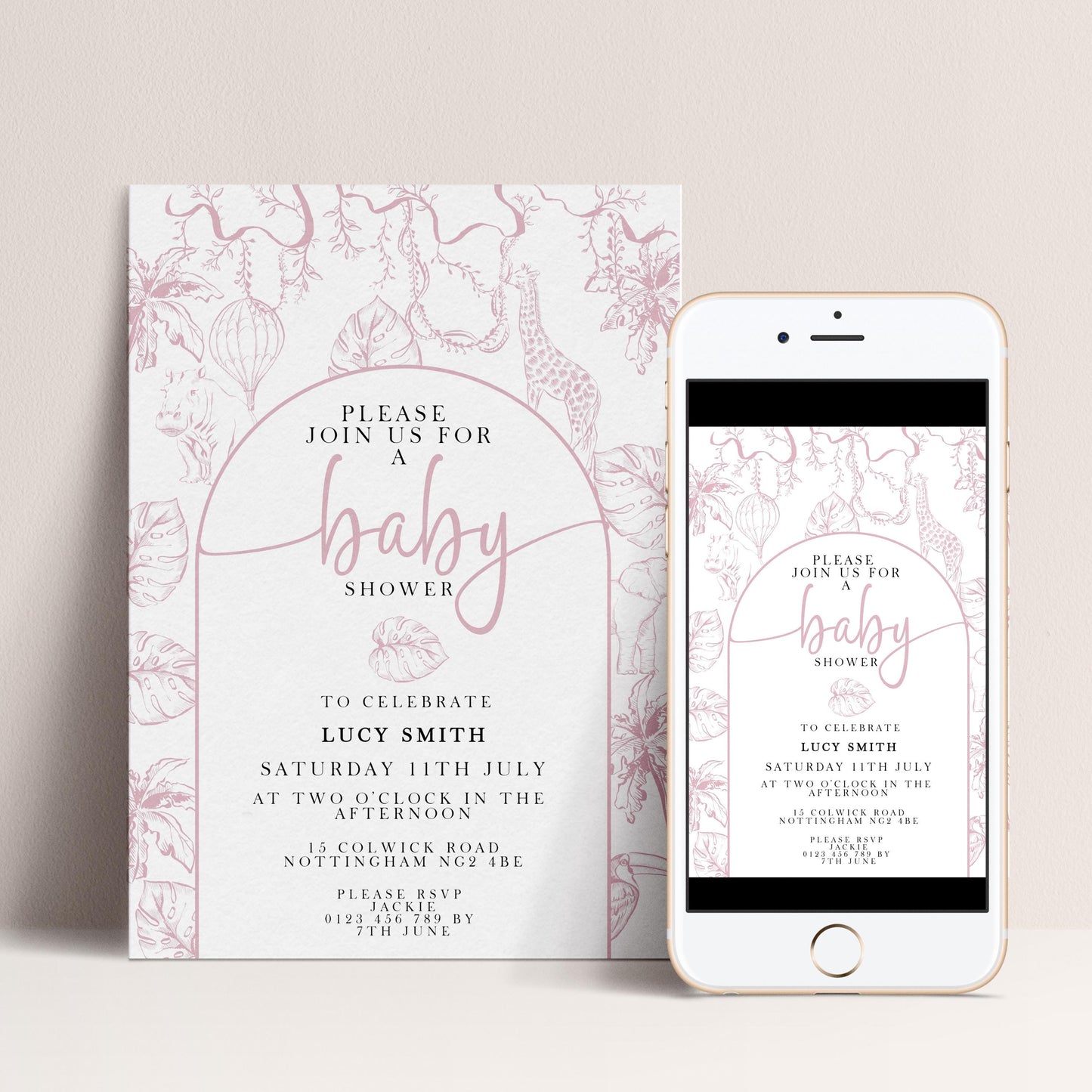 Pink Safari Baby Shower Invitation, Editable Jungle Invite for Girls, Corjl Template, Wild One Baby Shower, Instant Download PT20