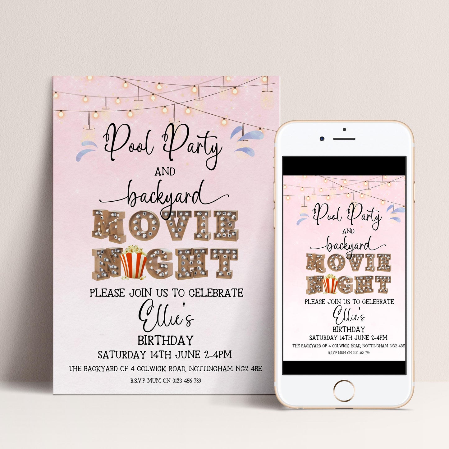 Pool Party and Movie Night Invitation – Backyard Pool Party Editable Template for Girls, Corjl Digital Download Summer Birthday Invite