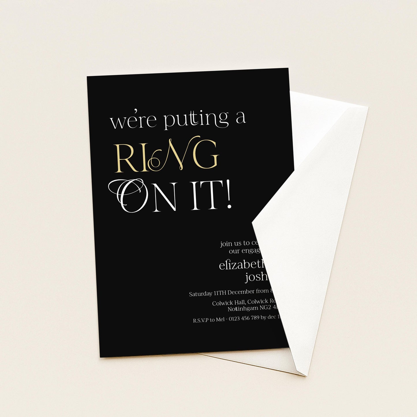 Ring On It Engagement Invitation, Black Gold Engagement Party Invite, Modern Couples Invite, Editable Corjl Template