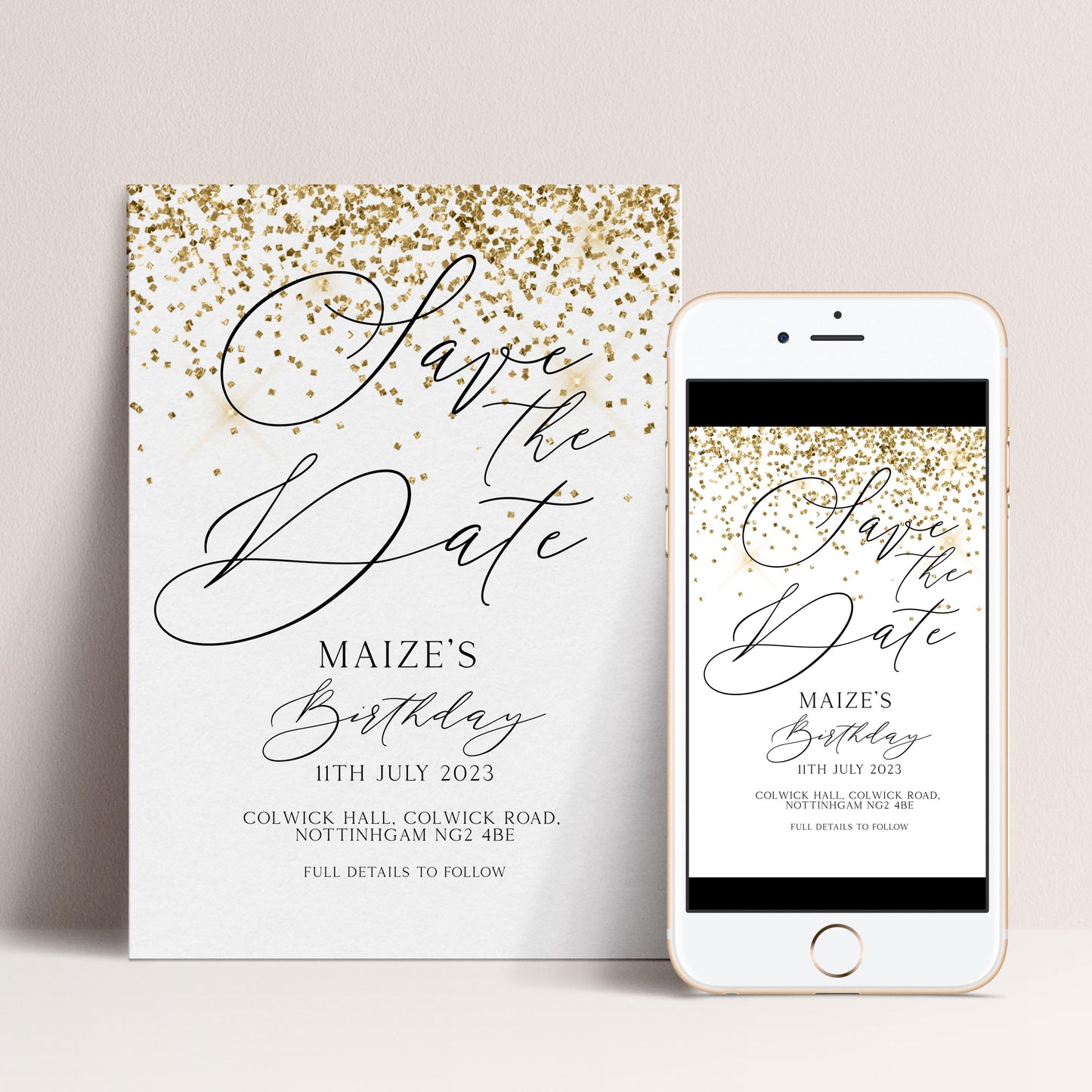 a wedding invitation card and a smartphone displaying the same wedding invitation.