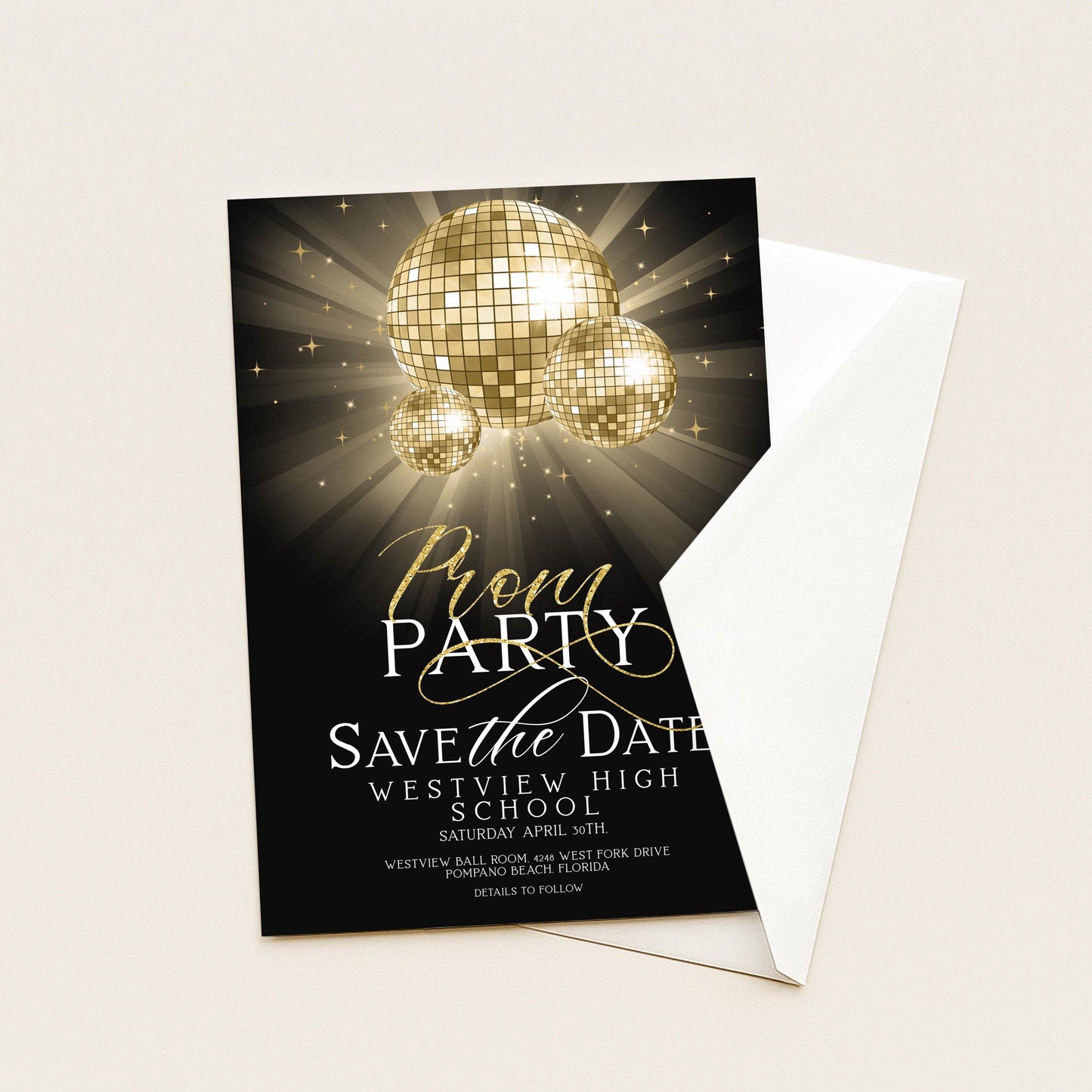 Save The Date Prom Invitations Award Night Invite Event Invite Glitter Ball Gold and Black Disco Printable Editable Instant Download