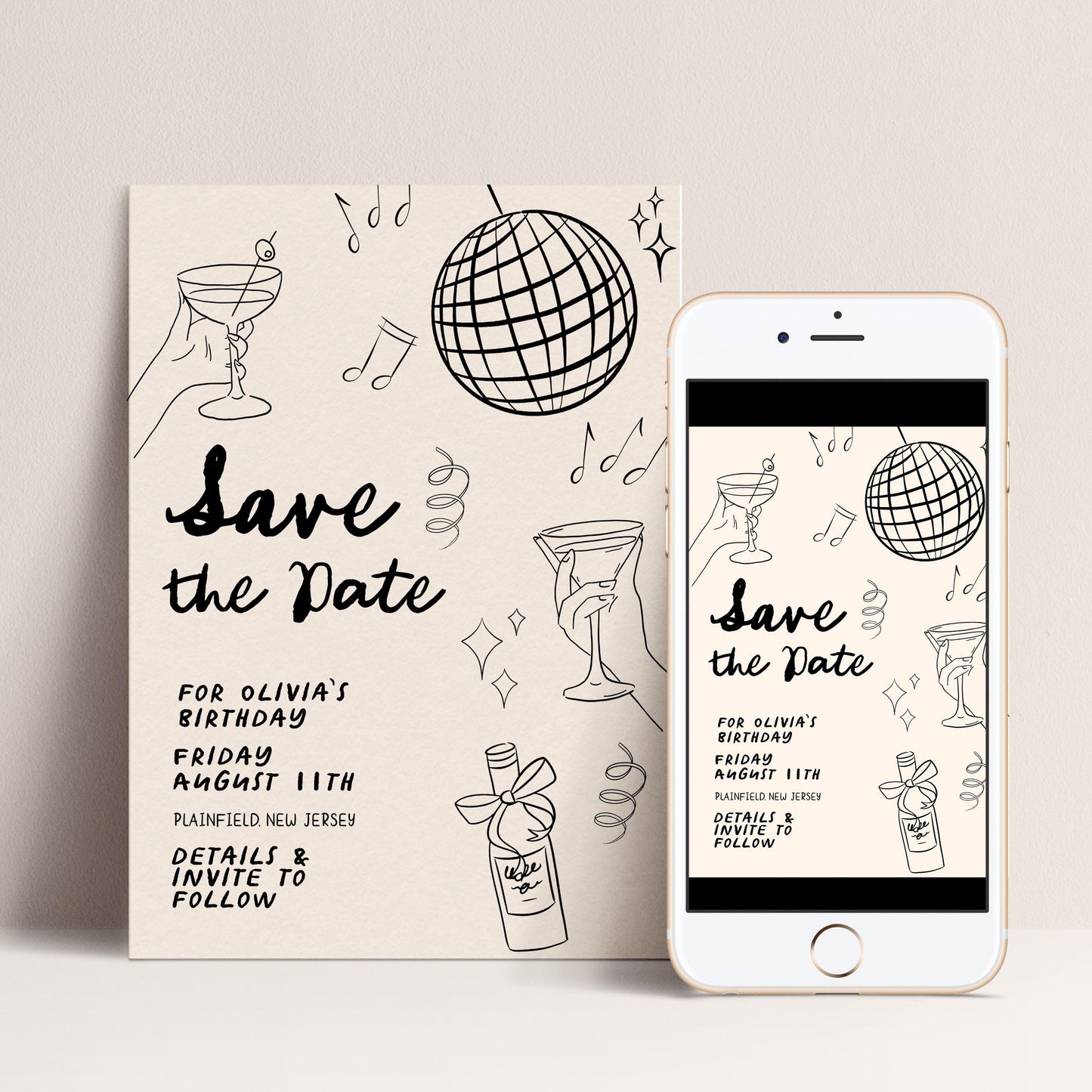 Save the Date Birthday Invitation, Editable Cocktail Party Template, Disco Martini Doodle Design, Printable Corjl Invite, Digital Download