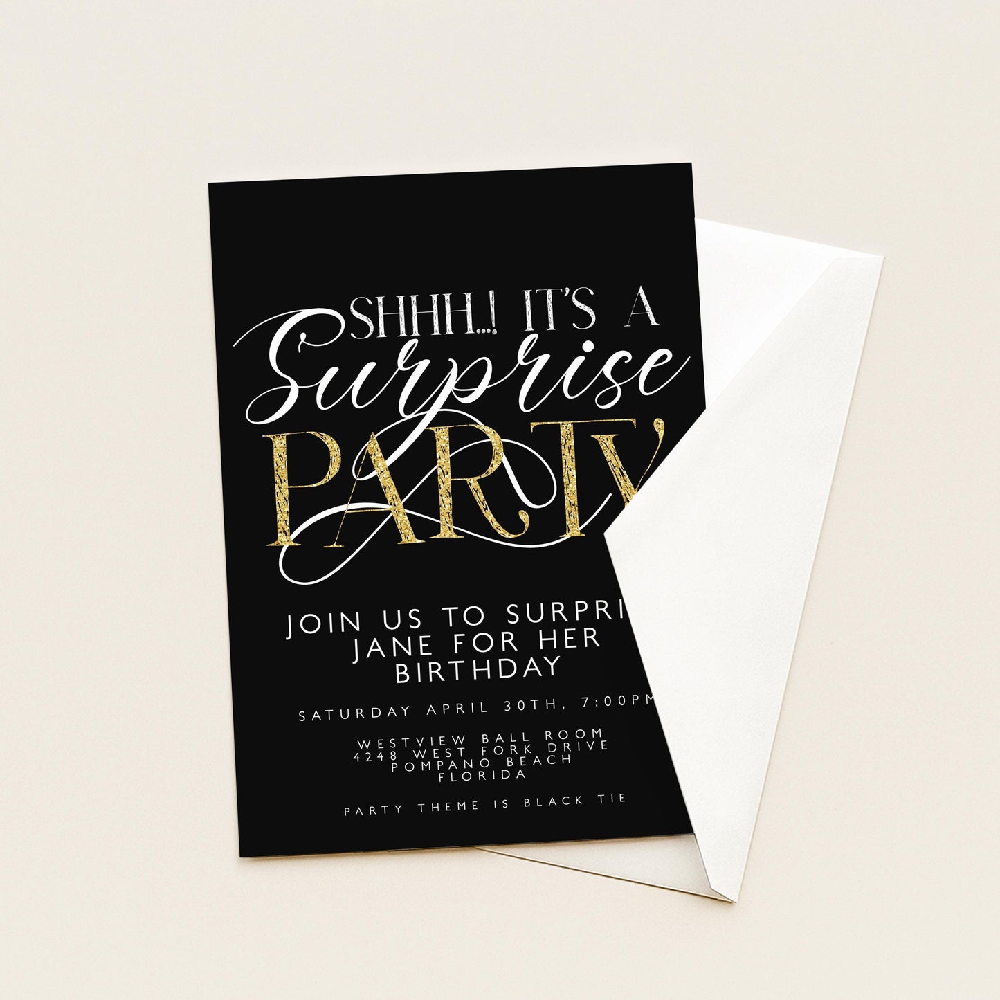 The image is a black and white invitation card for a surprise party.