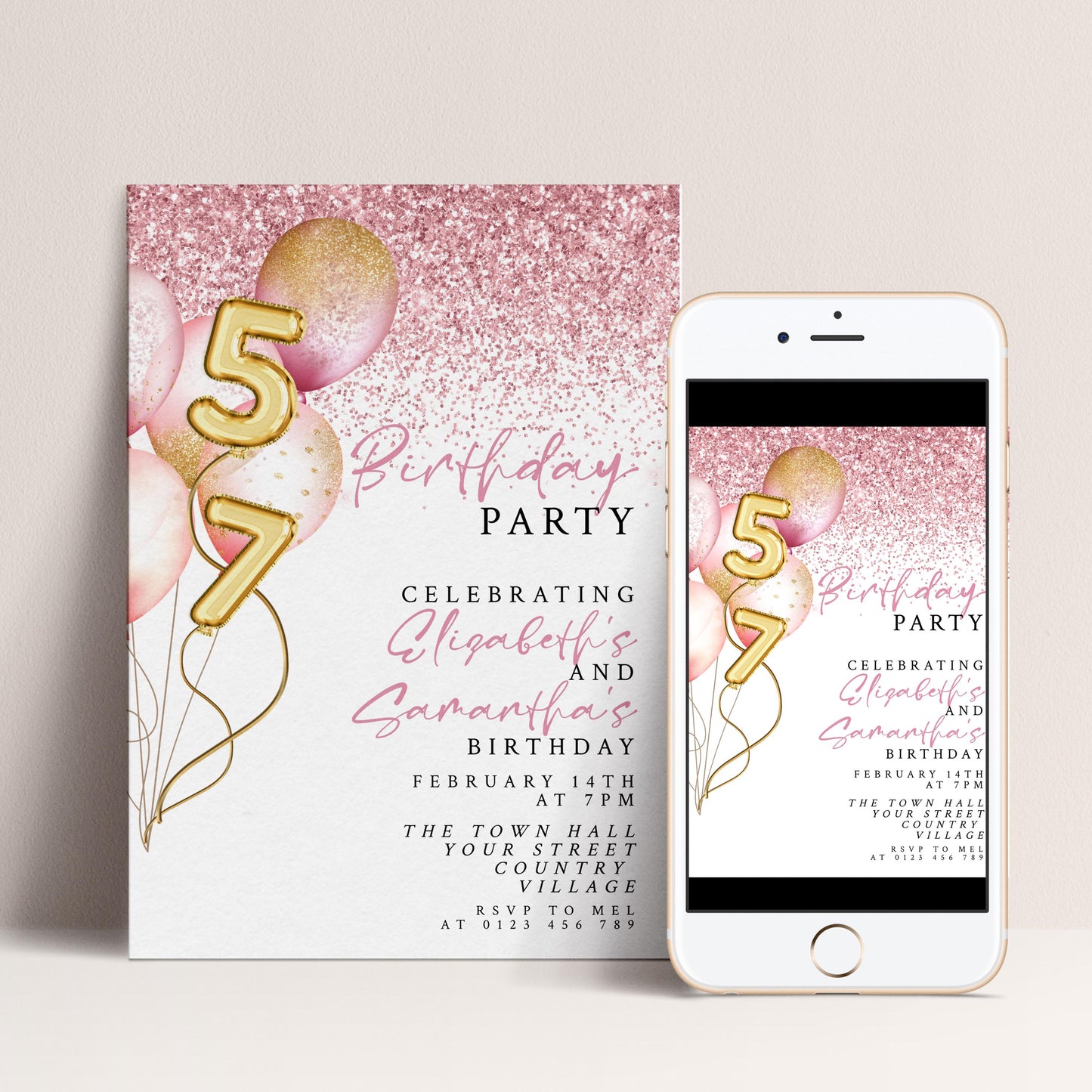 The image is a birthday party invitation featuring pink and gold balloons, with the number 57 prominently displayed.