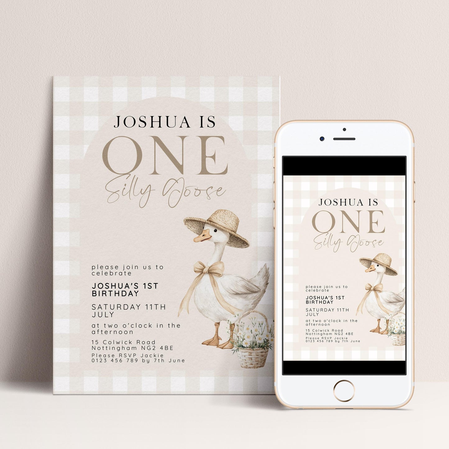 Silly Goose 1st Birthday Invitation Neutral Gingham, Editable Corjl Template, One Silly Goose Invite, Beige Farm Party Digital Download SG21