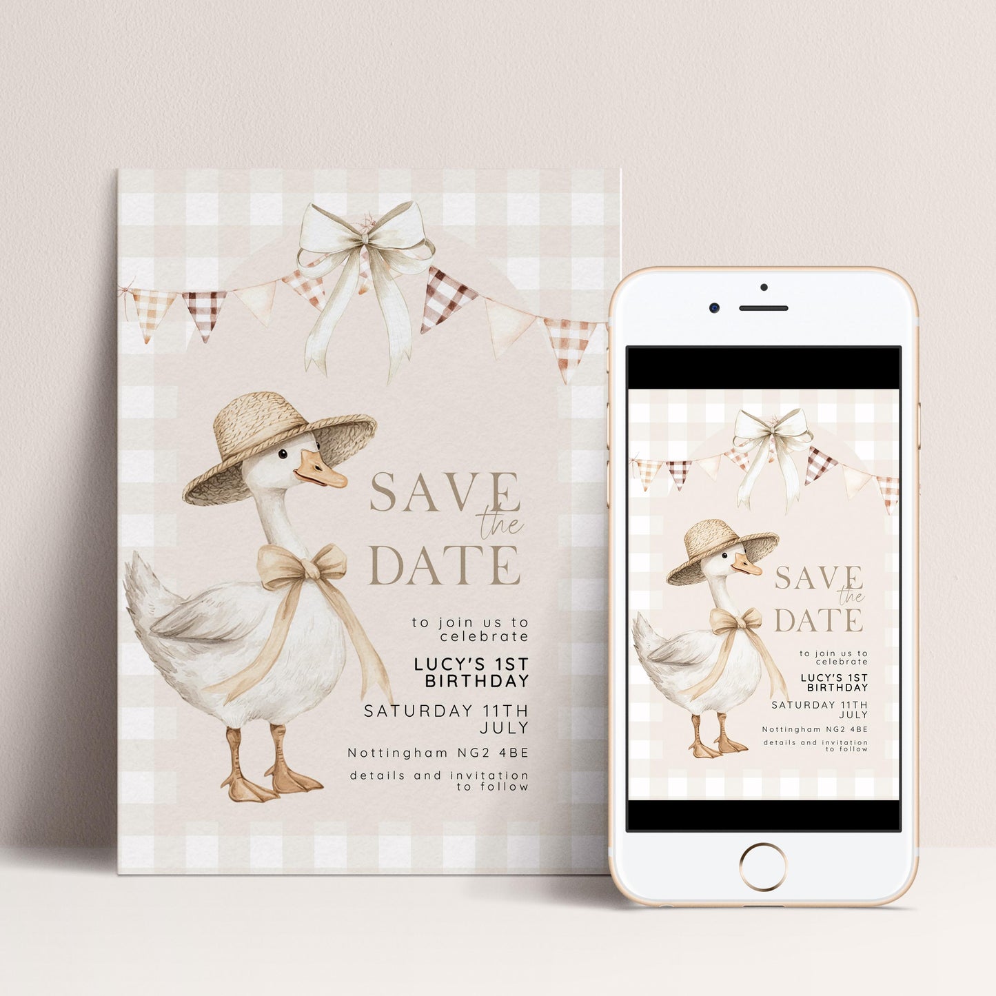 Silly Goose Save the Date Card for 1st Birthday, Neutral Gingham Editable Invitation, Farm Theme Corjl Template, Printable Invite SG21