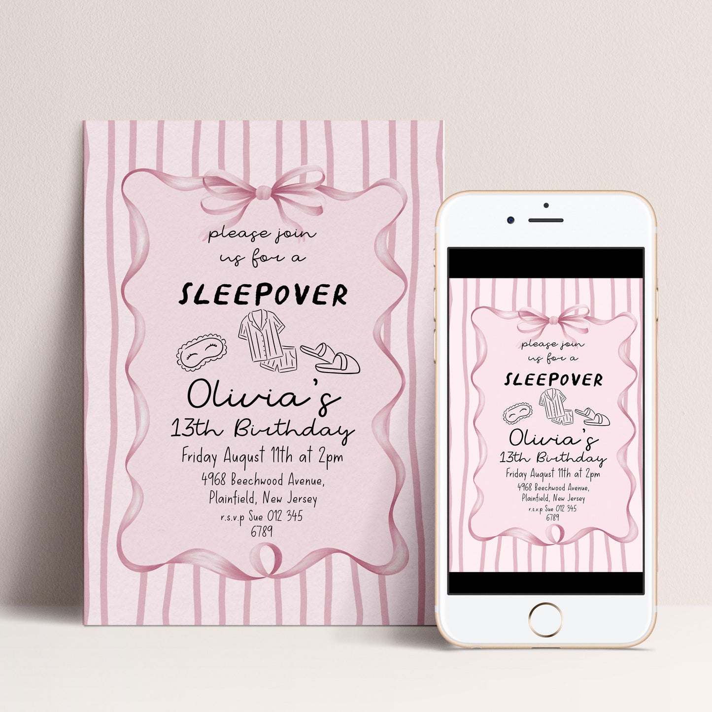 Sleepover Birthday Invitation Girl, 13th Birthday Sleepover Invite, Pink Slumber Party Invite, Teen Girl Party Editable Corjl