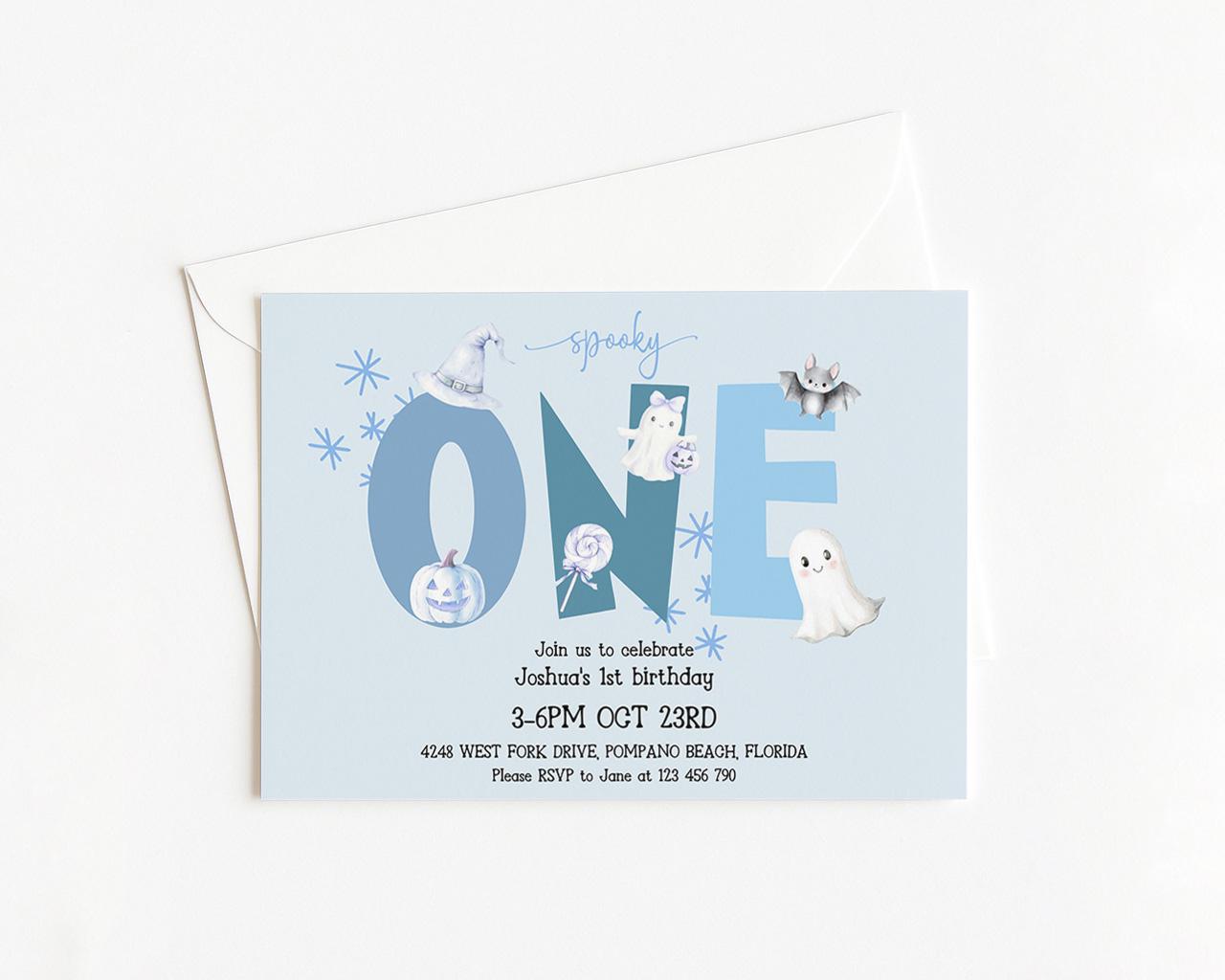 The image is a birthday invitation for a one-year-old, featuring a spooky theme with various Halloween-themed elements such as bats, pumpkins, and ghostly figures.
