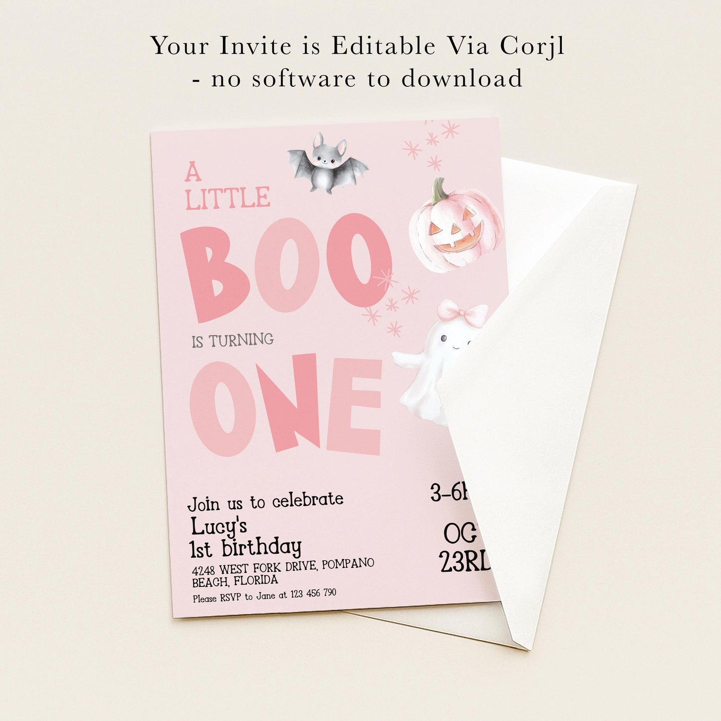 The image is a birthday invitation for a little girl named Lucy, celebrating her first birthday.