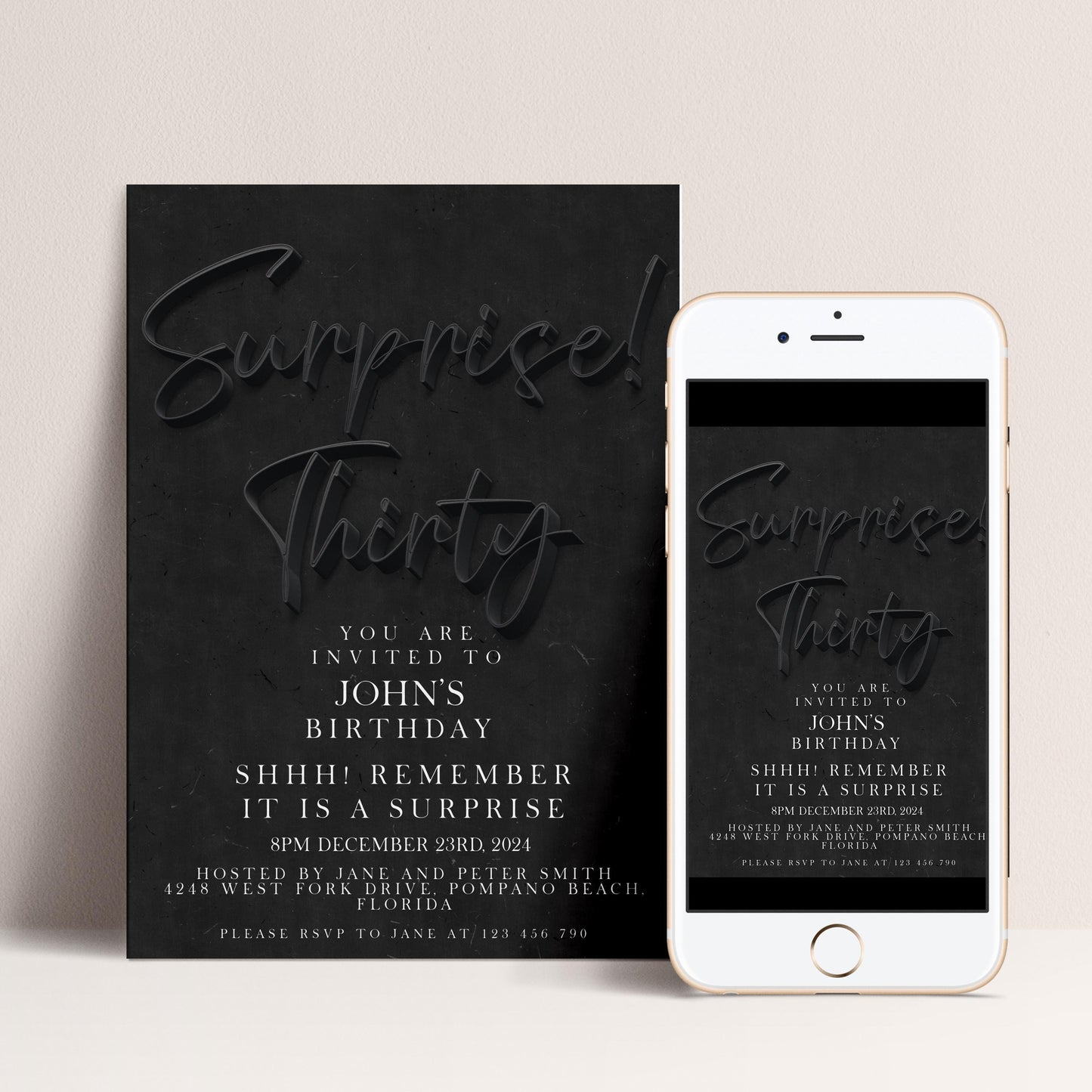 The image is a birthday party invitation for John's 30th birthday, featuring a black background with white text and a smartphone displaying the same invitation.