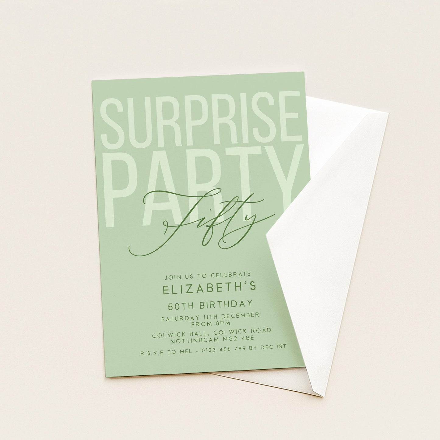Surprise 50th Birthday Invitation, Editable Sage Surprise Party Invite, Unisex Adult Invitation Template, 50th BirthdayPrintable Template