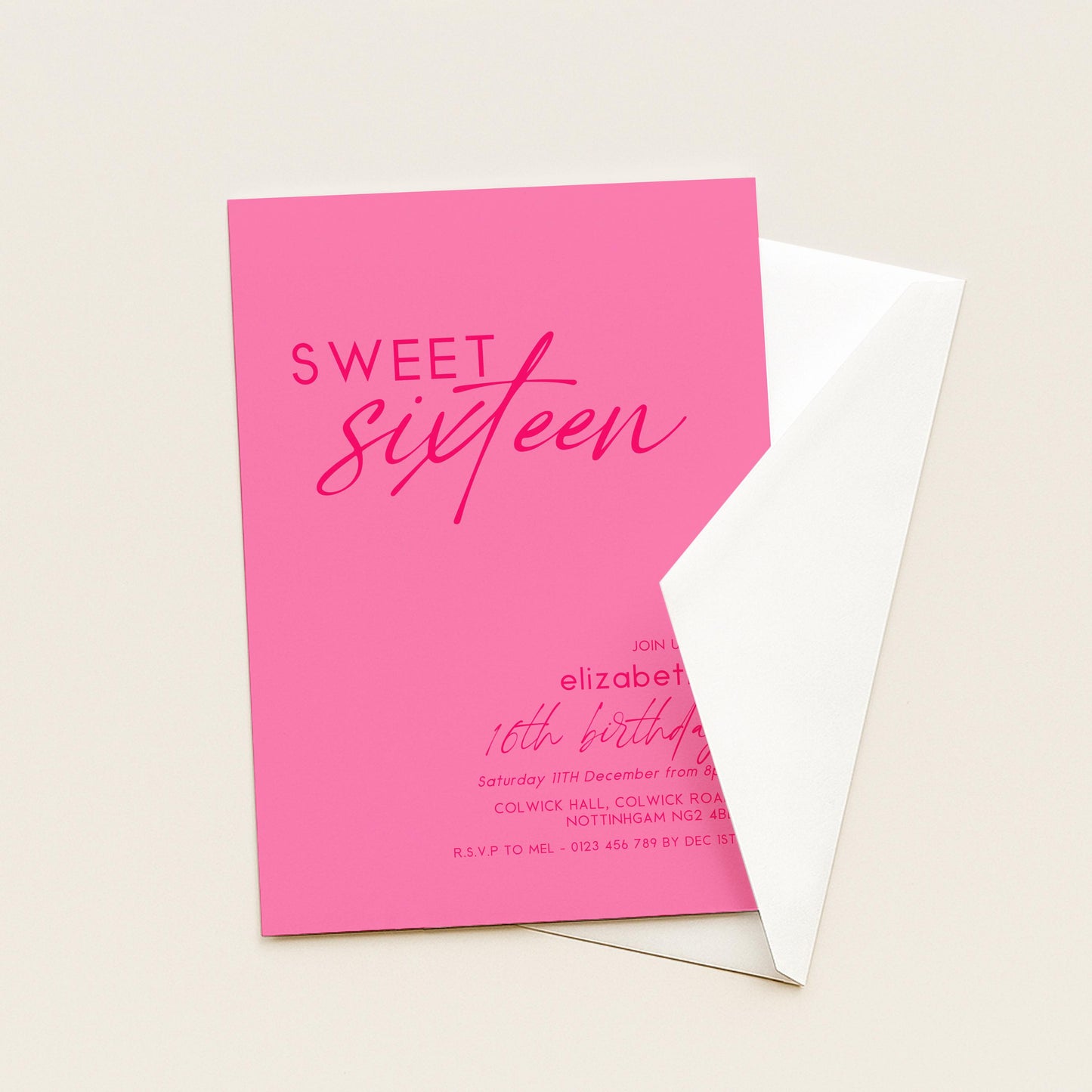 Sweet 16 Birthday Invitation Template, Bright Bold Pink Printable Template 16th Party Editable Digital Download