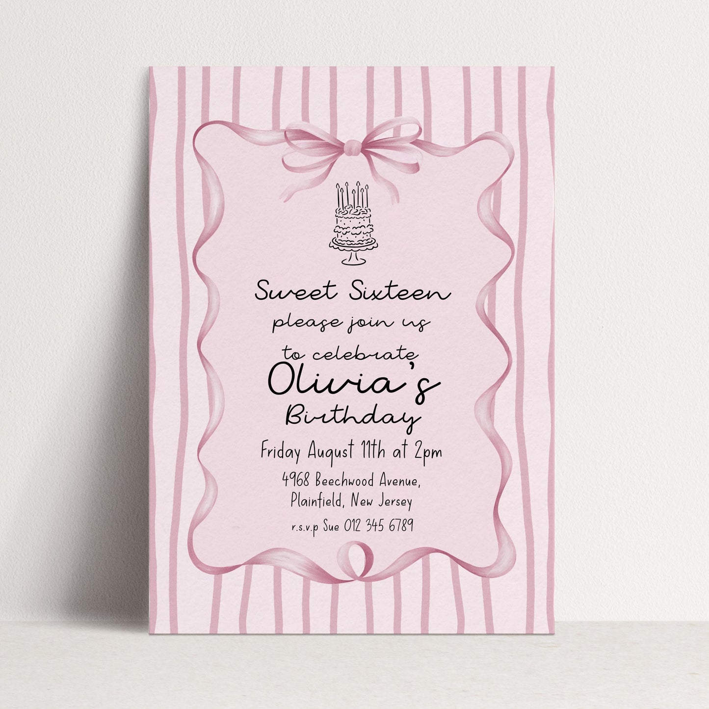 Editable Sweet 16 Pink Bow Birthday Invitation, Coquette Birthday Party Invite, Pink Stripe Birthday Invite Elegant Girls Printable Template