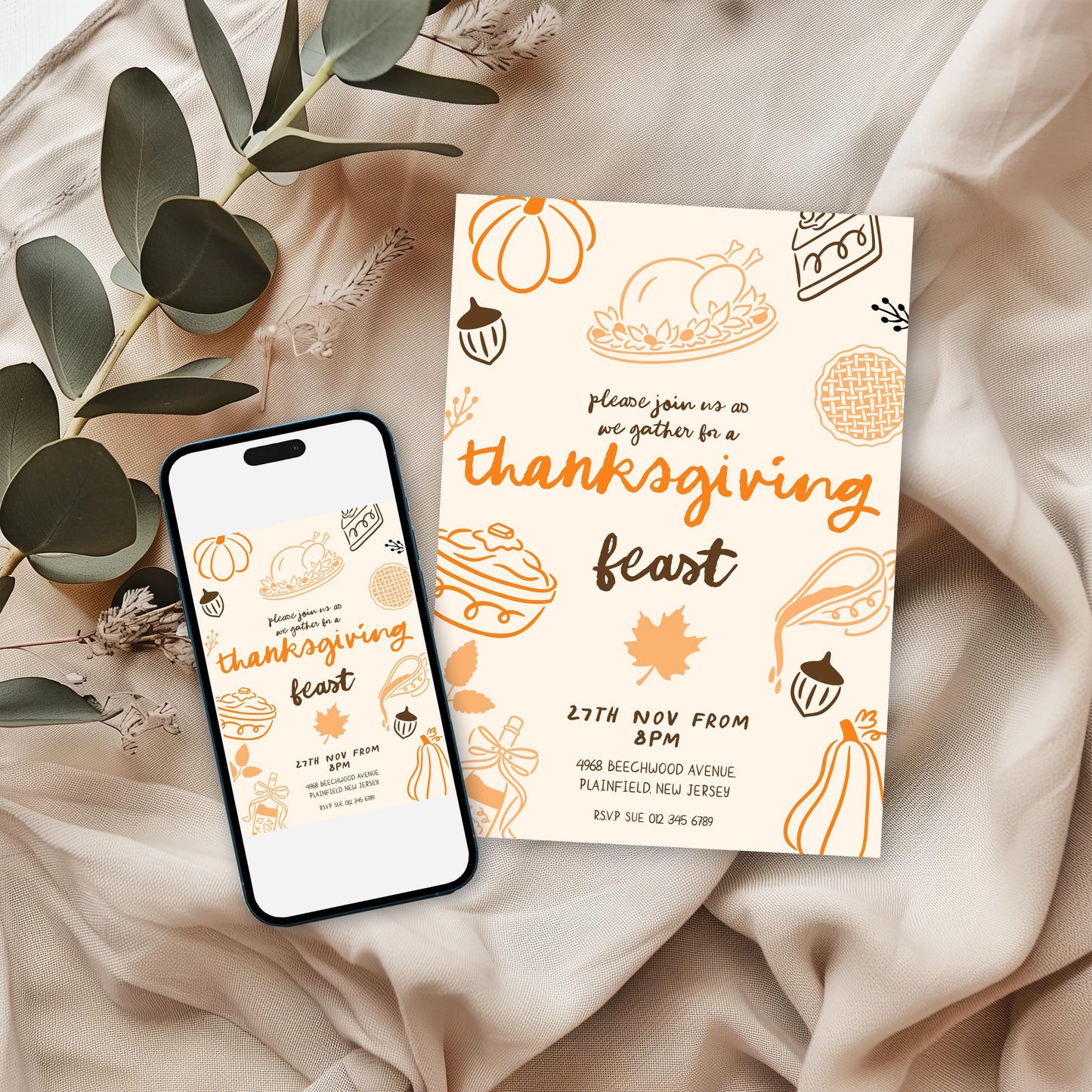 Editable Thanksgiving Feast Invitation | Fall Dinner Party Invite | Printable Corjl Template