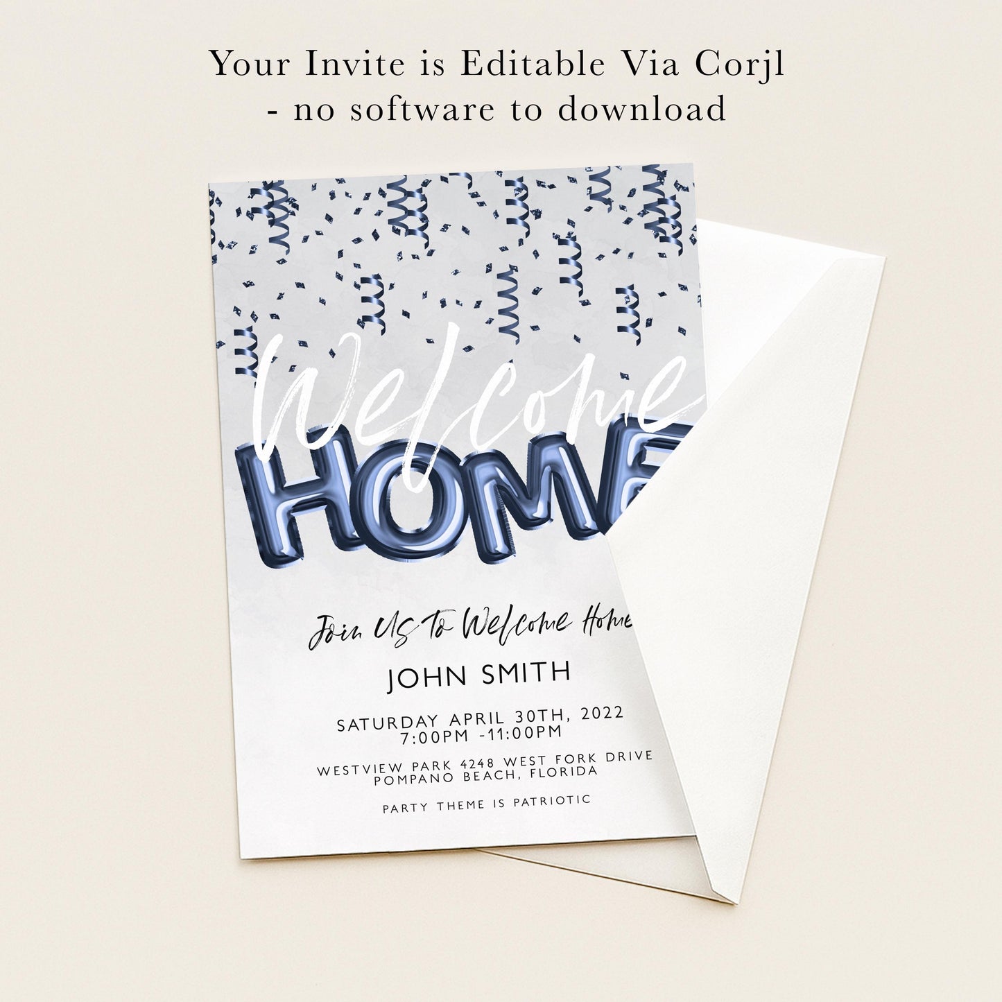 The image is a welcome home invitation card with a blue and white color scheme. The text invites guests to join the homecoming party on Saturday, April 10th, 2012, at 7:30 PM at Westview Park, West Fork Drive, Palm Beach, Florida. The theme is patriotic, and the invitation does not contain any text that is too vague or repetitive.