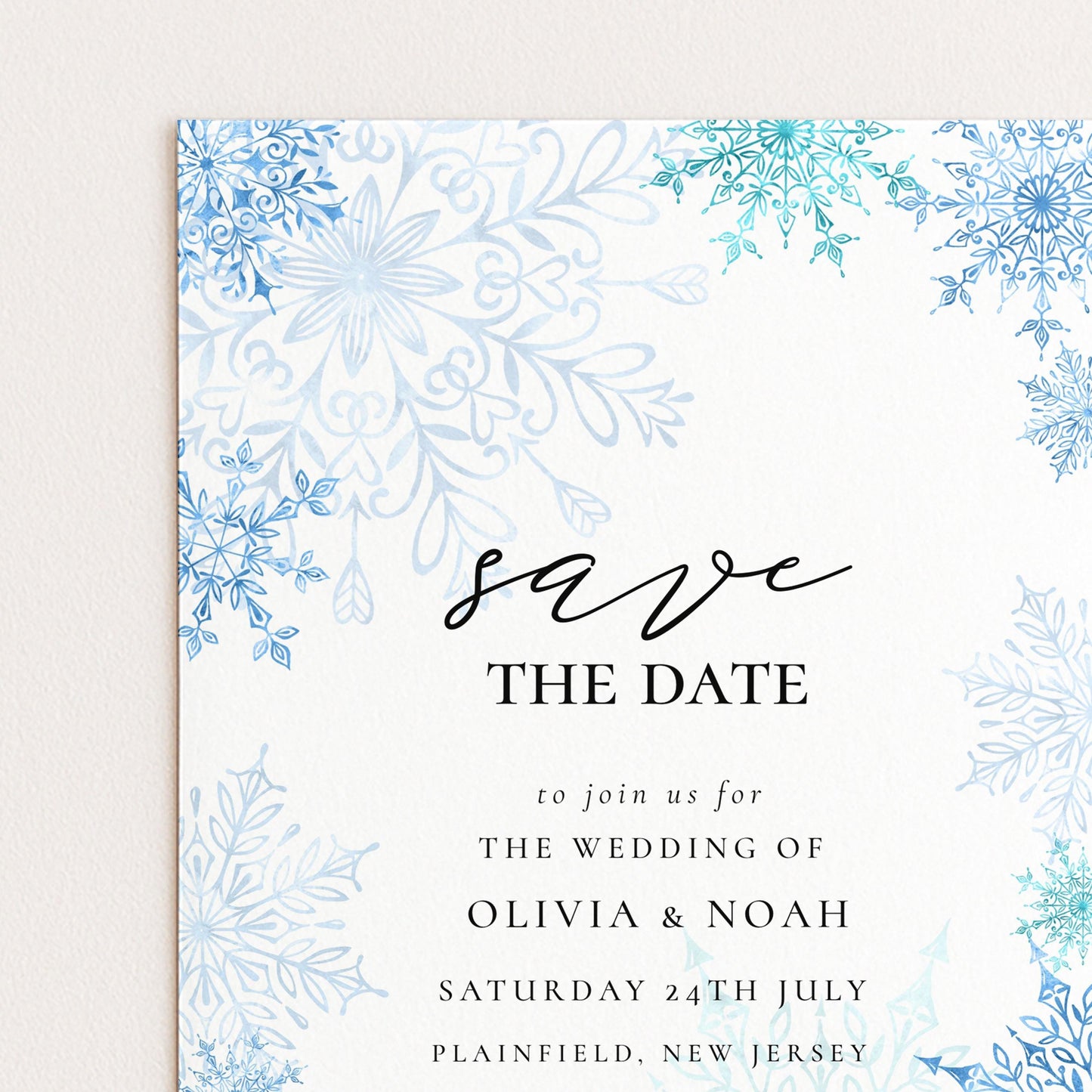 Winter Wonderland Save the Date Editable Corjl Template Snowflake Wedding Printable Digital Download Frosty Blue Winter Invitation