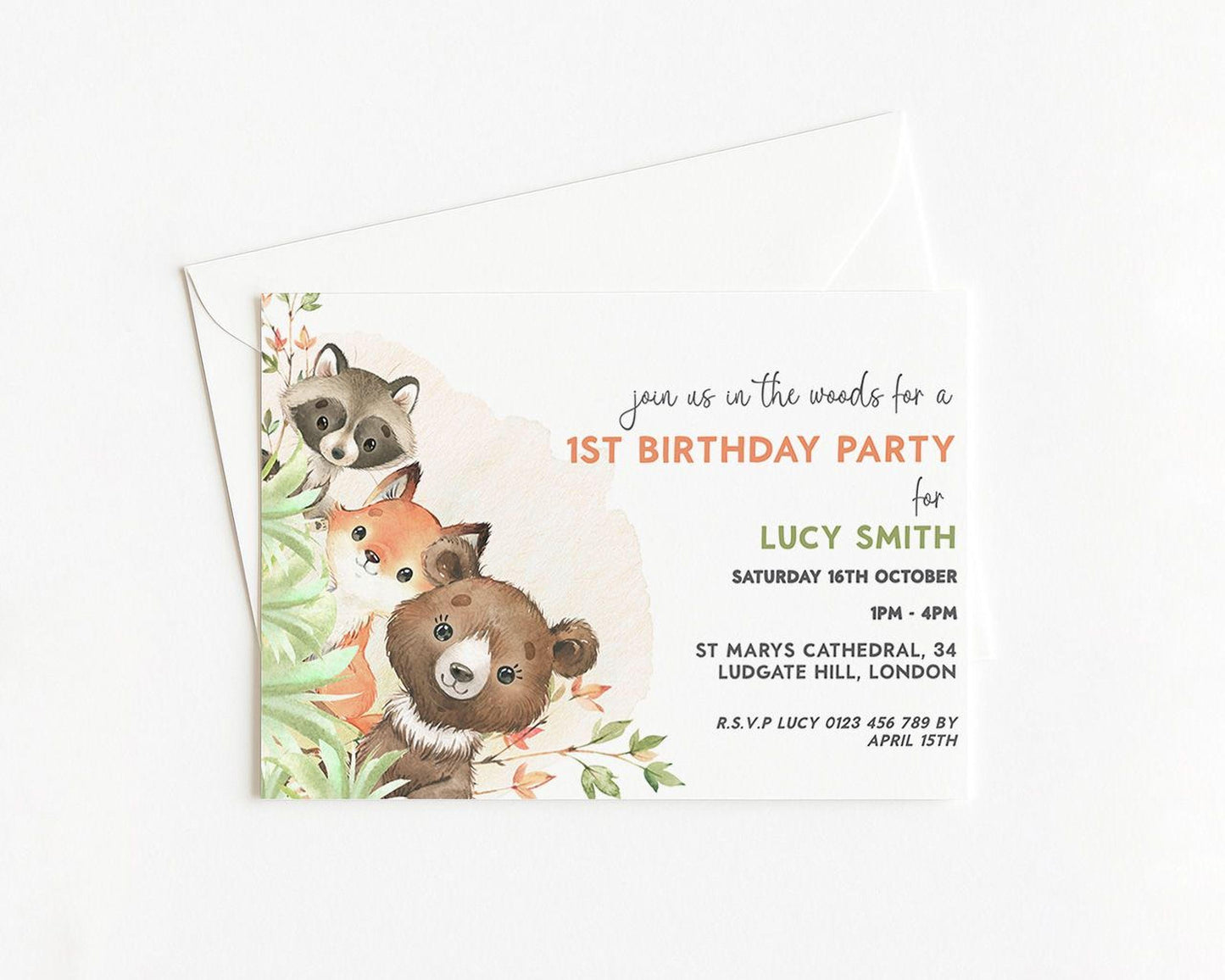 The image is a birthday party invitation for a 1st birthday party for Lucy Smith.