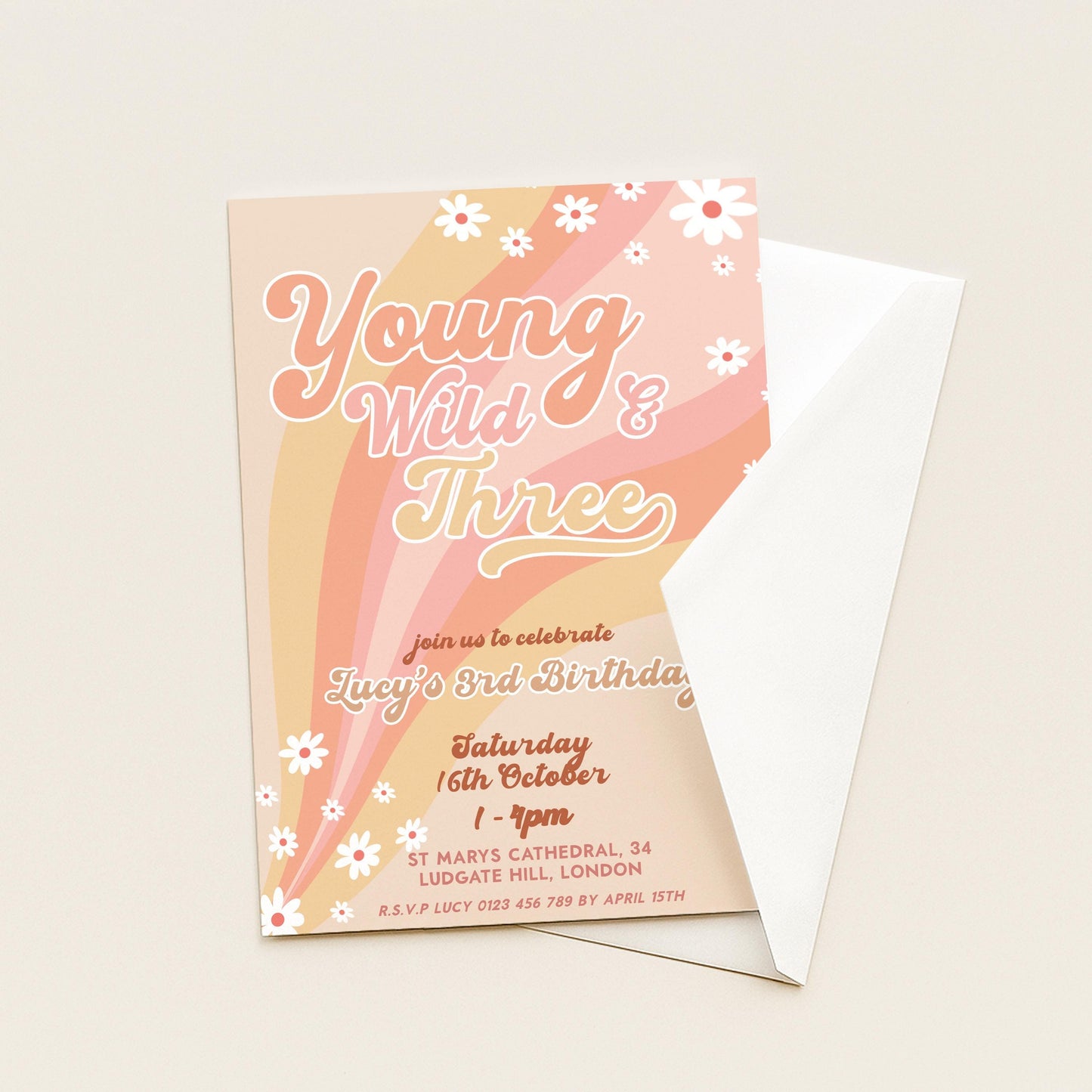 Young Wild and Three Groovy Birthday Invitation Template, Editable Invite 3rd Birthday Party Printable Retro Design Digital Download GR78