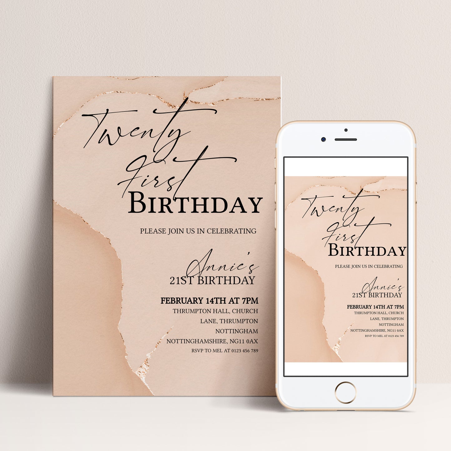 21st Birthday Invitation Blush Gold Agate | Editable Digital Download Template | Printable Party Invite (Copy)