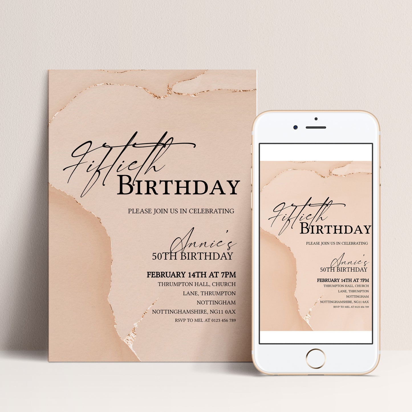50th Birthday Invitation Blush Gold Agate | Editable Digital Download Template | Printable Party Invite