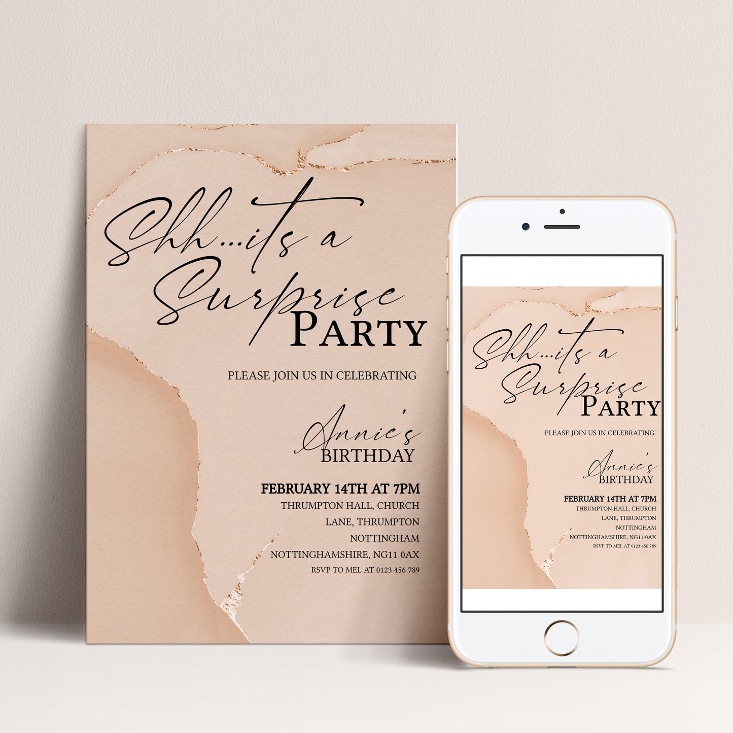 Blush Agate Surprise Party Invitation | Editable Digital Download Template | Printable Birthday Surprise Invite